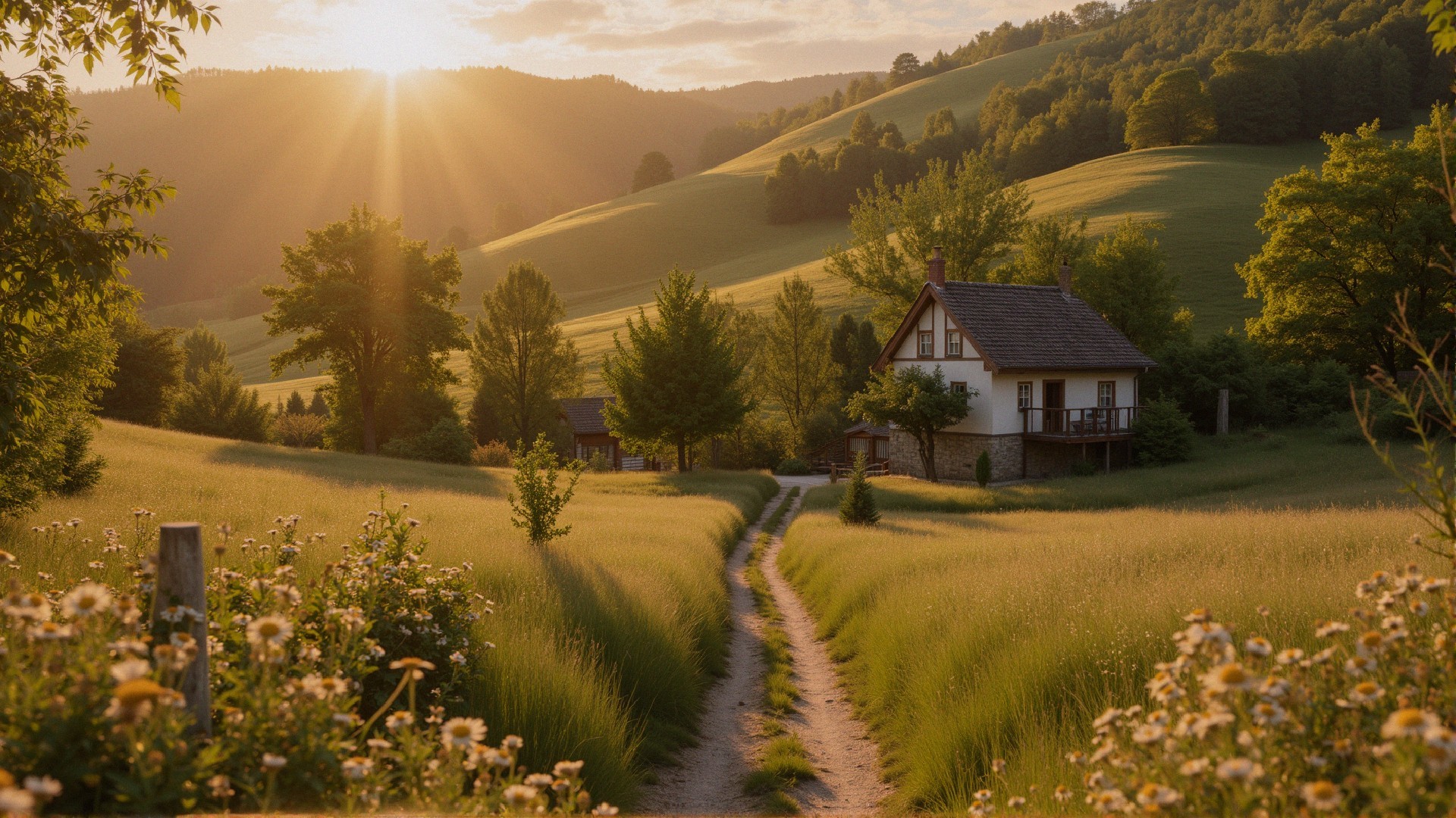 Tranquil Rural Scene with Golden Dawn Light