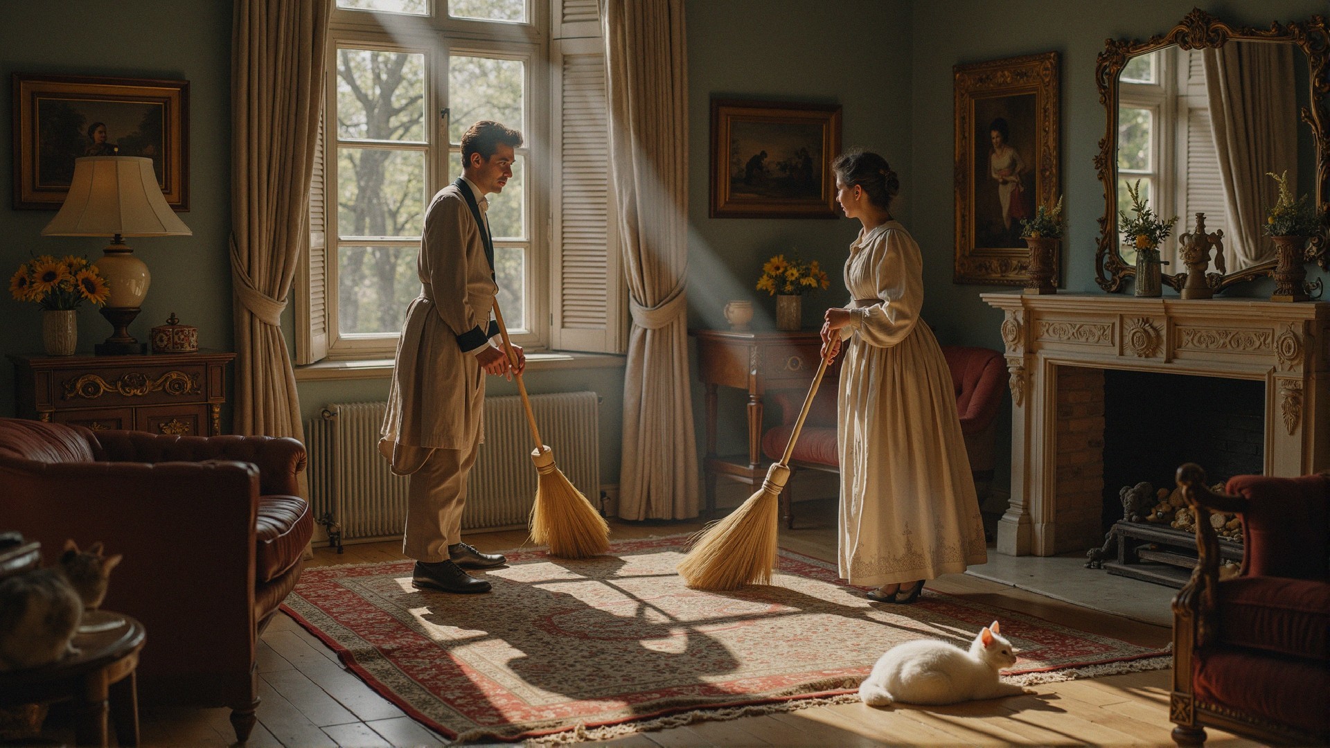 Vintage Elegance in a Sunlit Room with Brooms