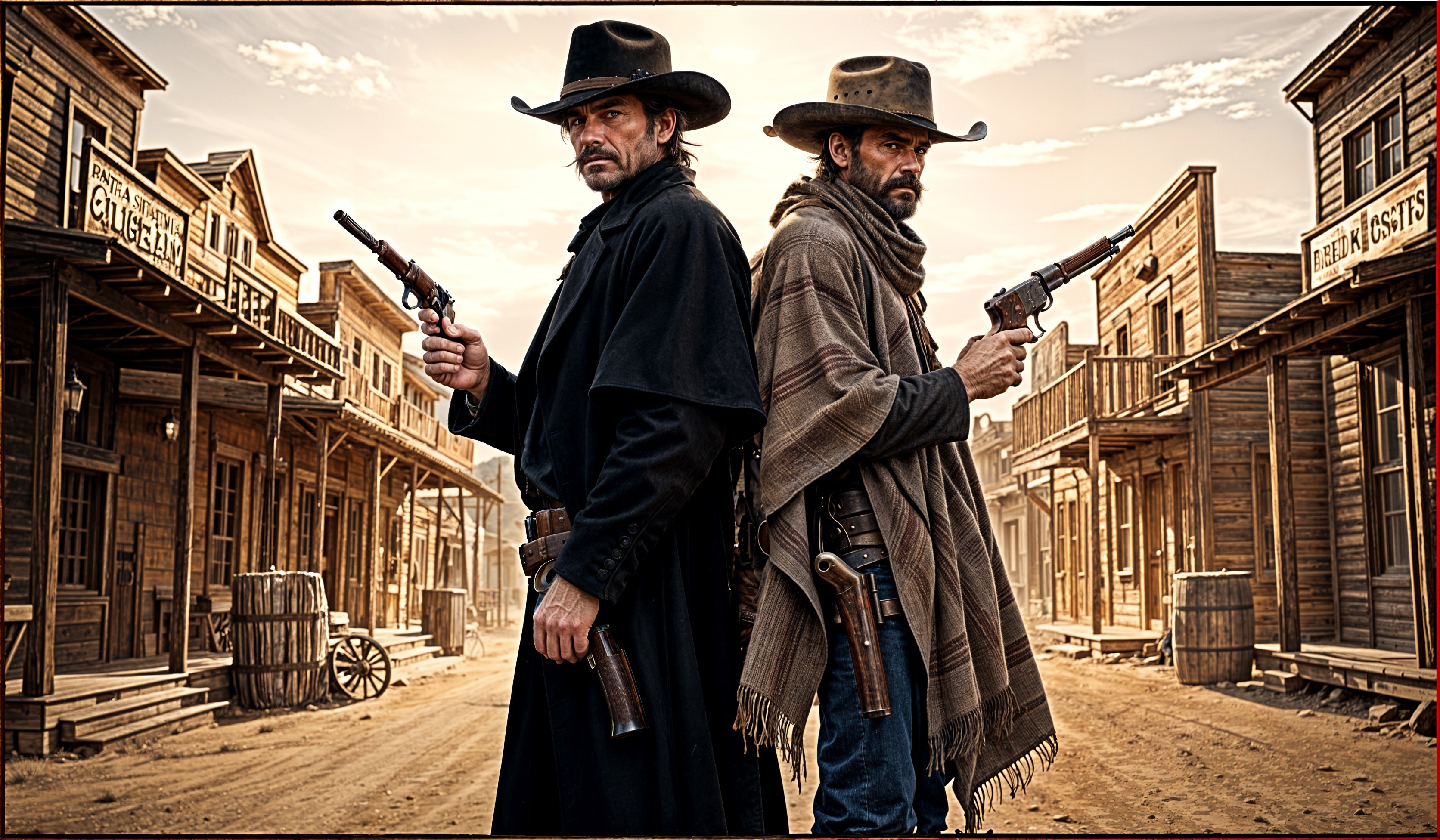 Cowboys in a Deserted Wild West Town at Sunset