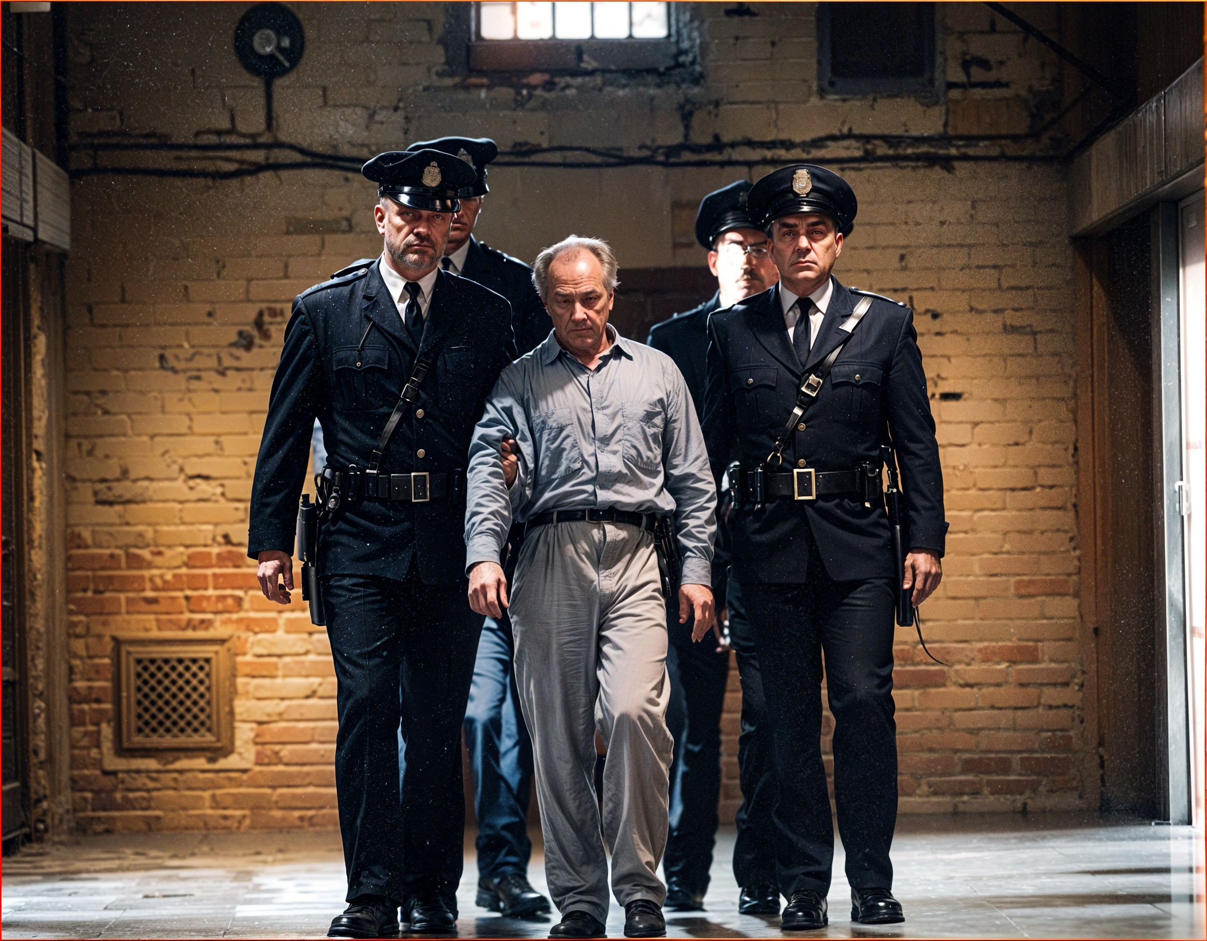Prison Guards Escorting Man in Dimly Lit Corridor