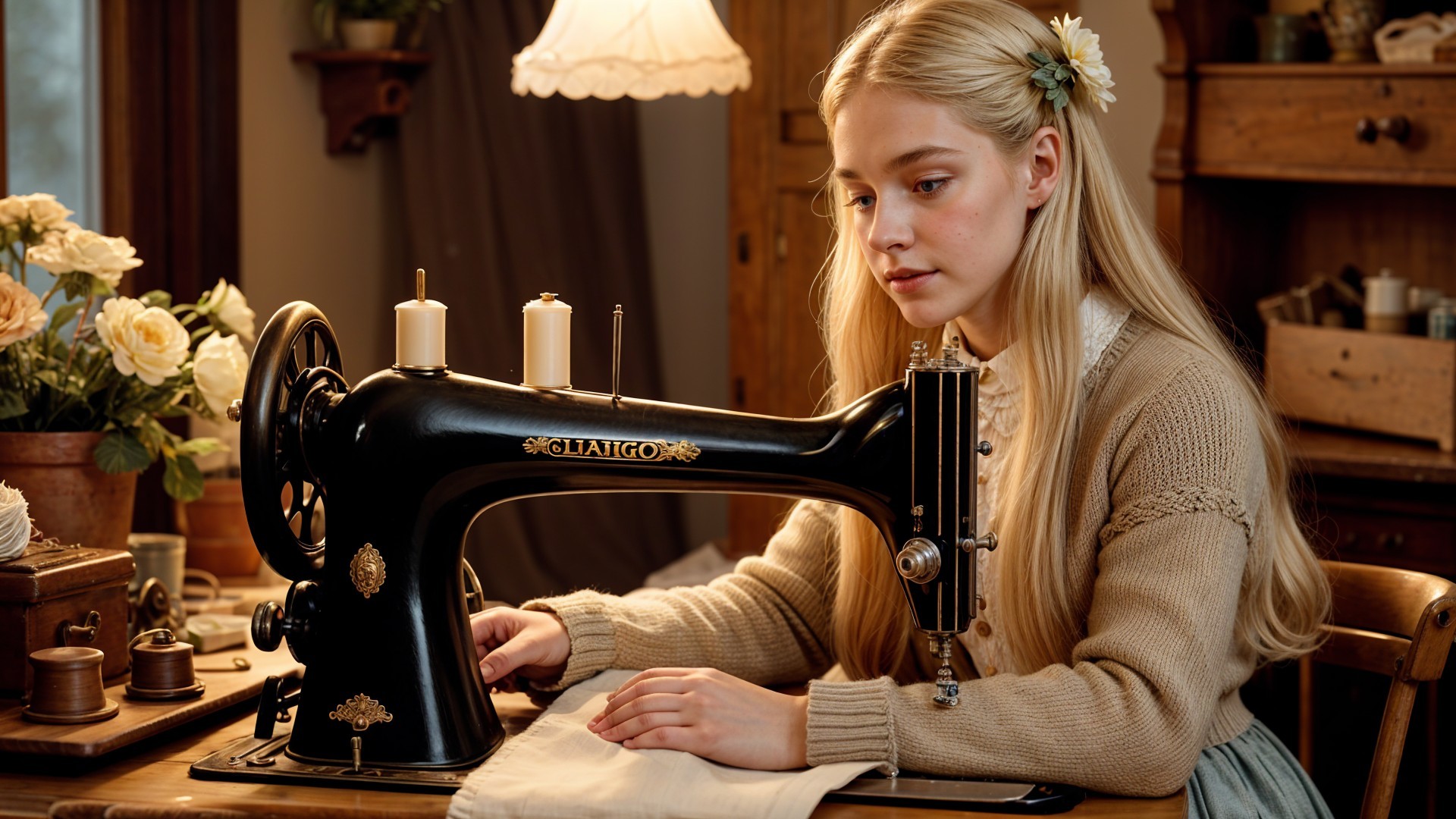 Young woman sewing at a vintage machine in cozy room