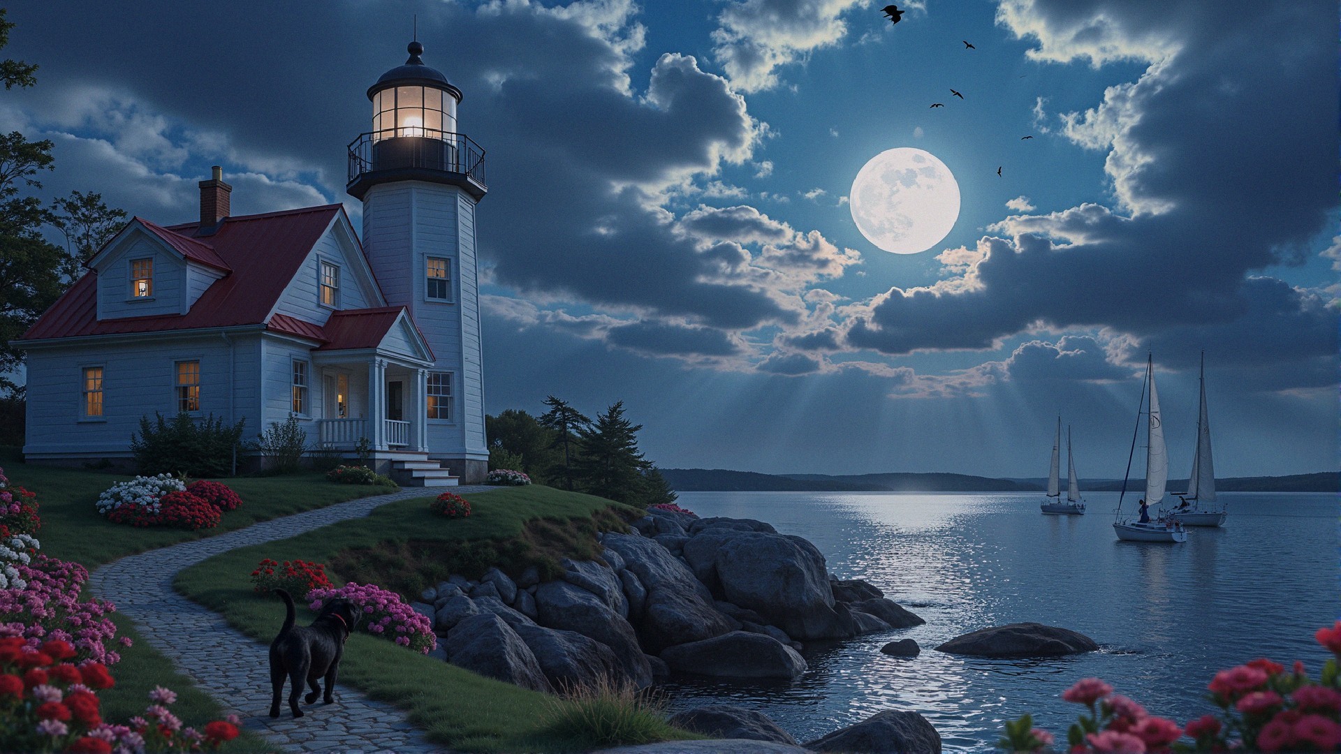 Coastal Lighthouse Scene with Full Moon and Sailboats