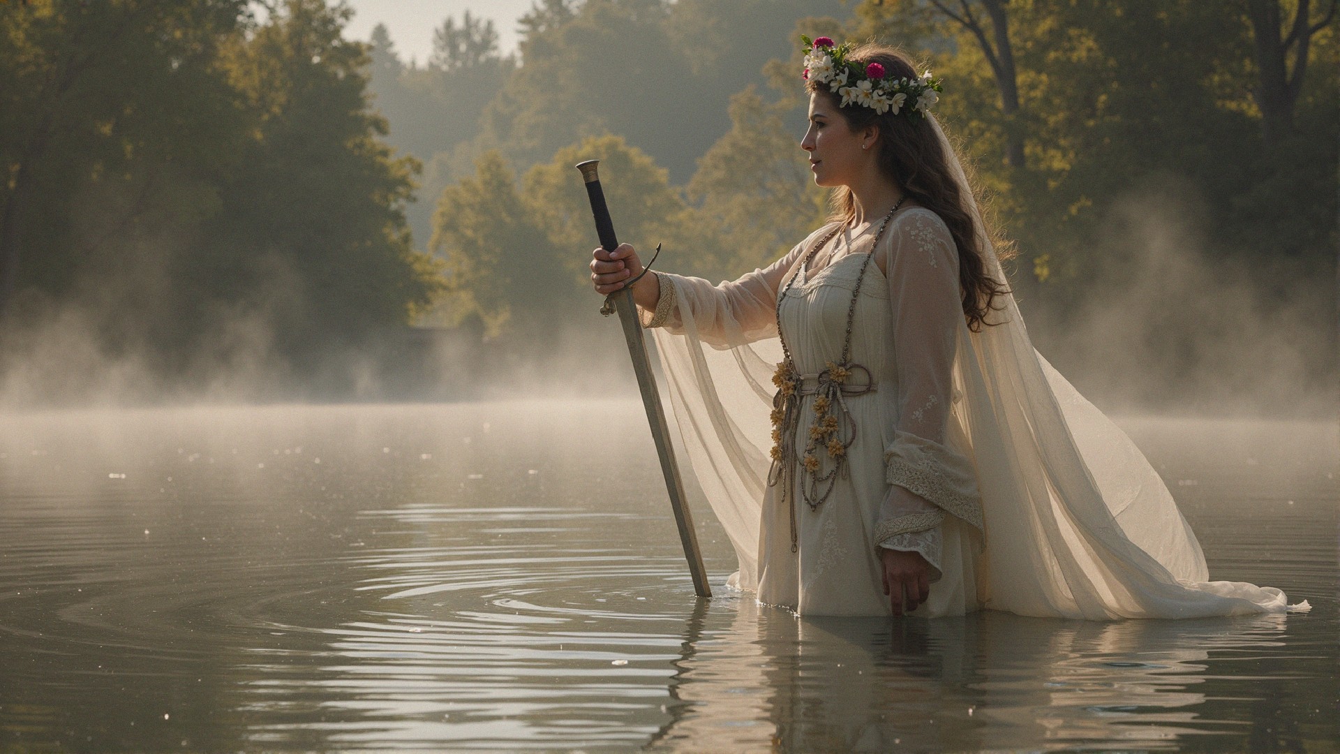 Woman in White Gown with Sword in Misty Water