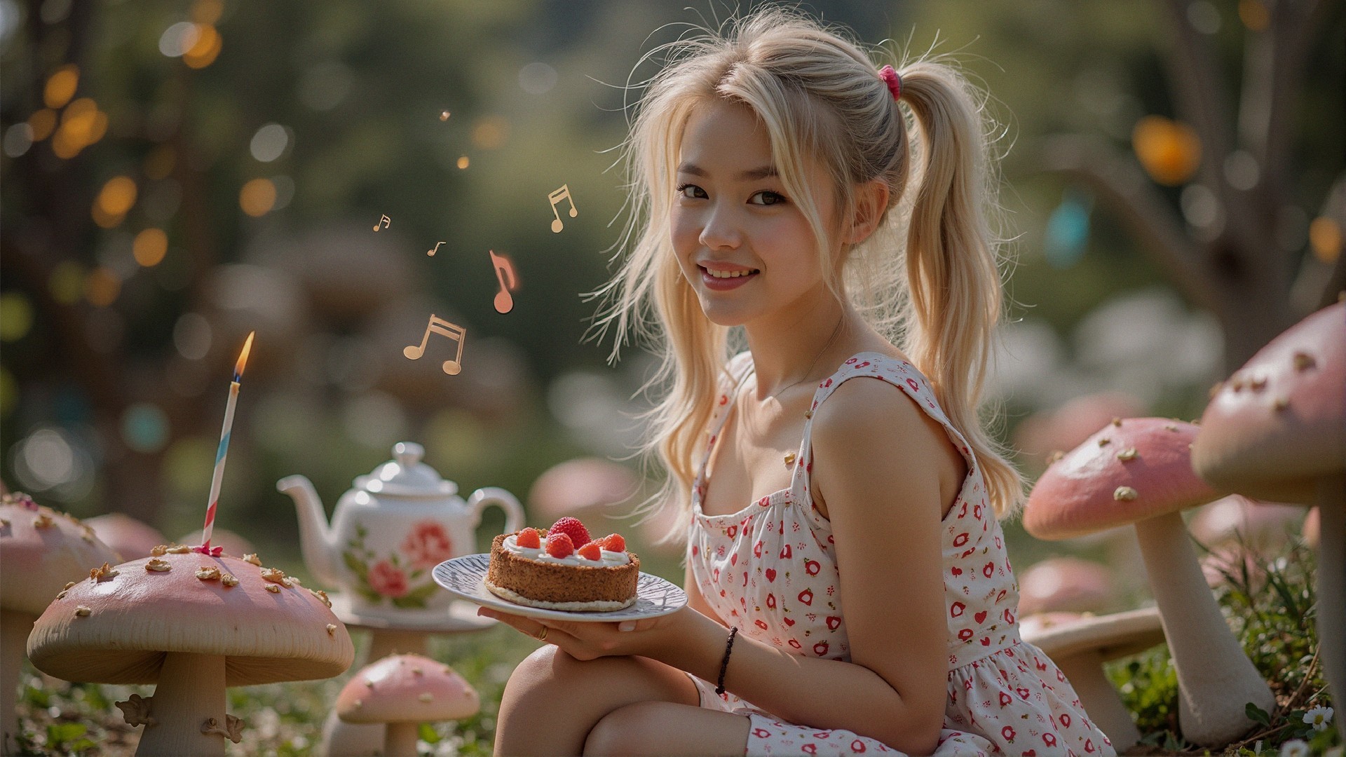 Cheerful woman with cake in whimsical outdoor setting