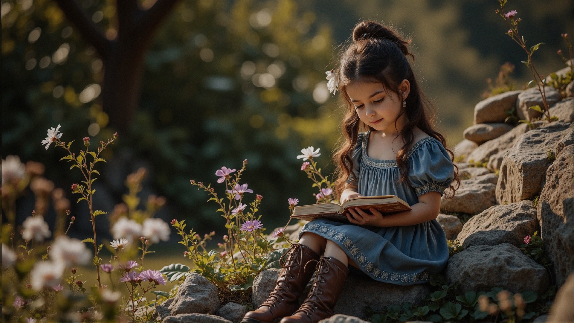 Young girl in blue dress reading in serene garden