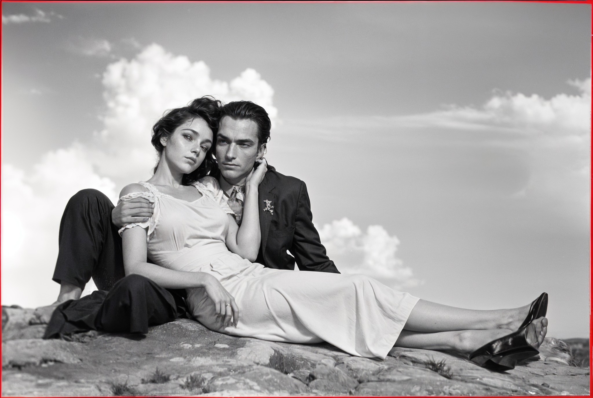 Black-and-white portrait of a couple on rocky terrain