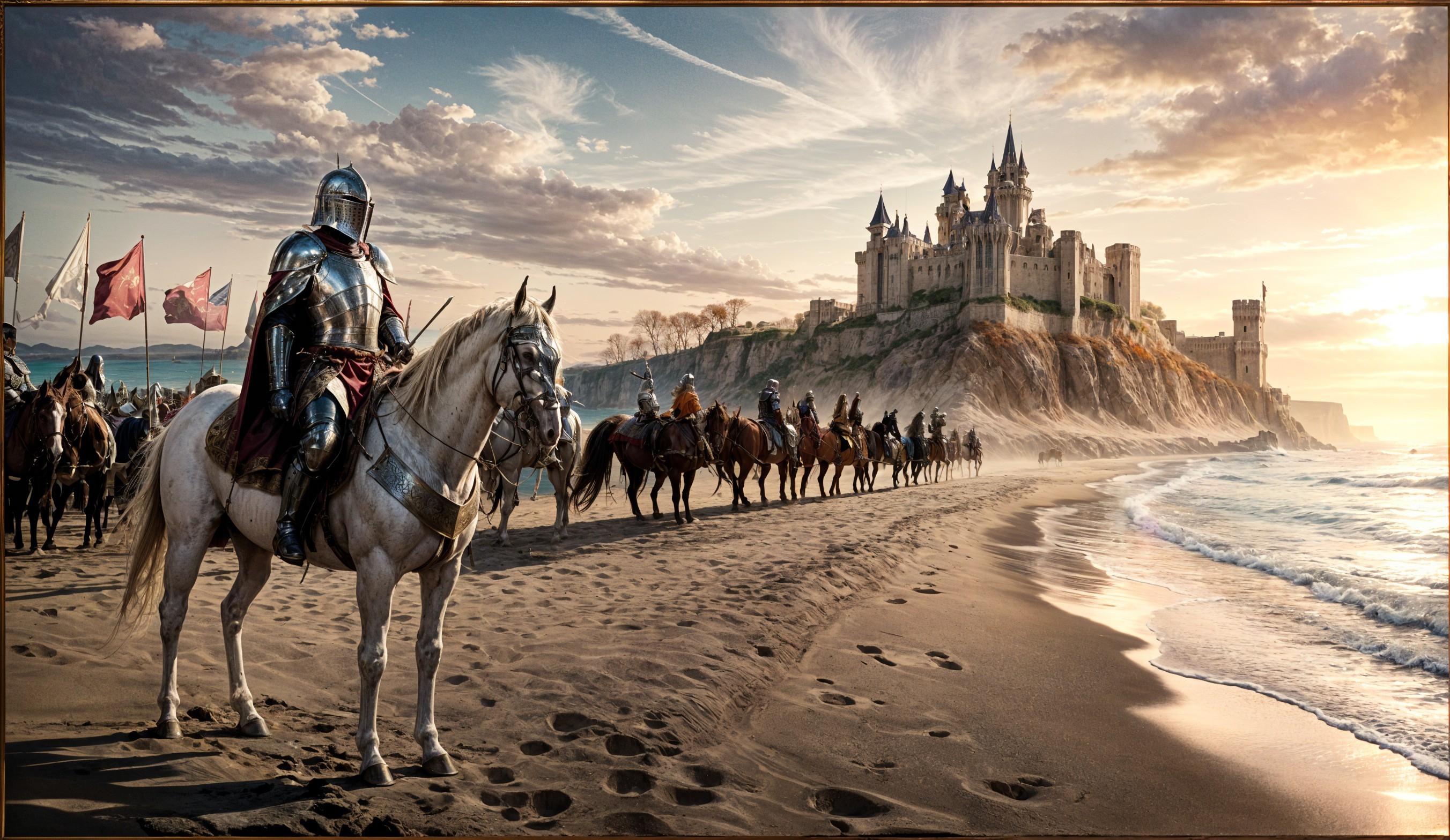 Medieval Army on Horseback by a Coastal Castle