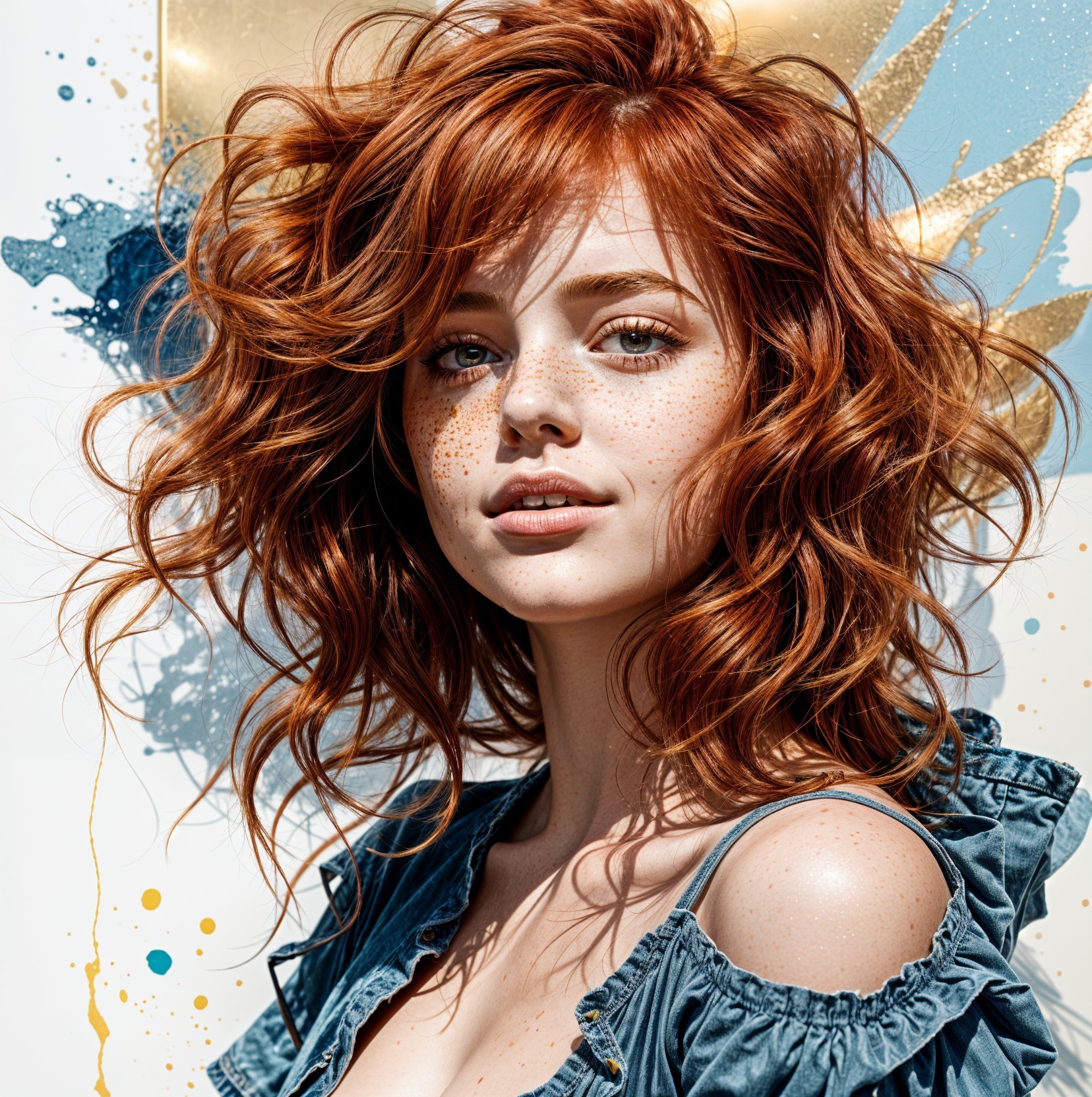 Young woman with curly red hair in denim top