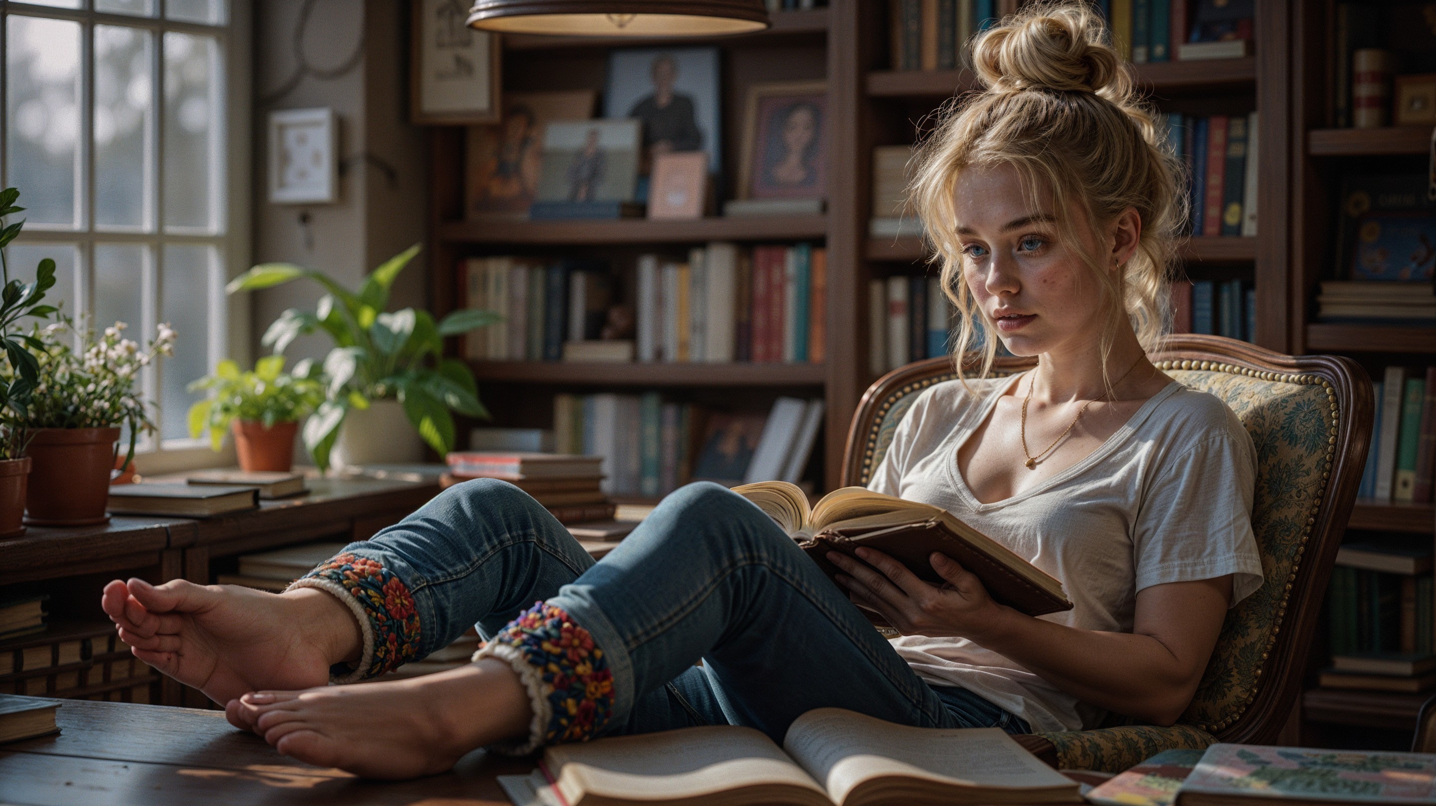 Young woman reading in a cozy library setting