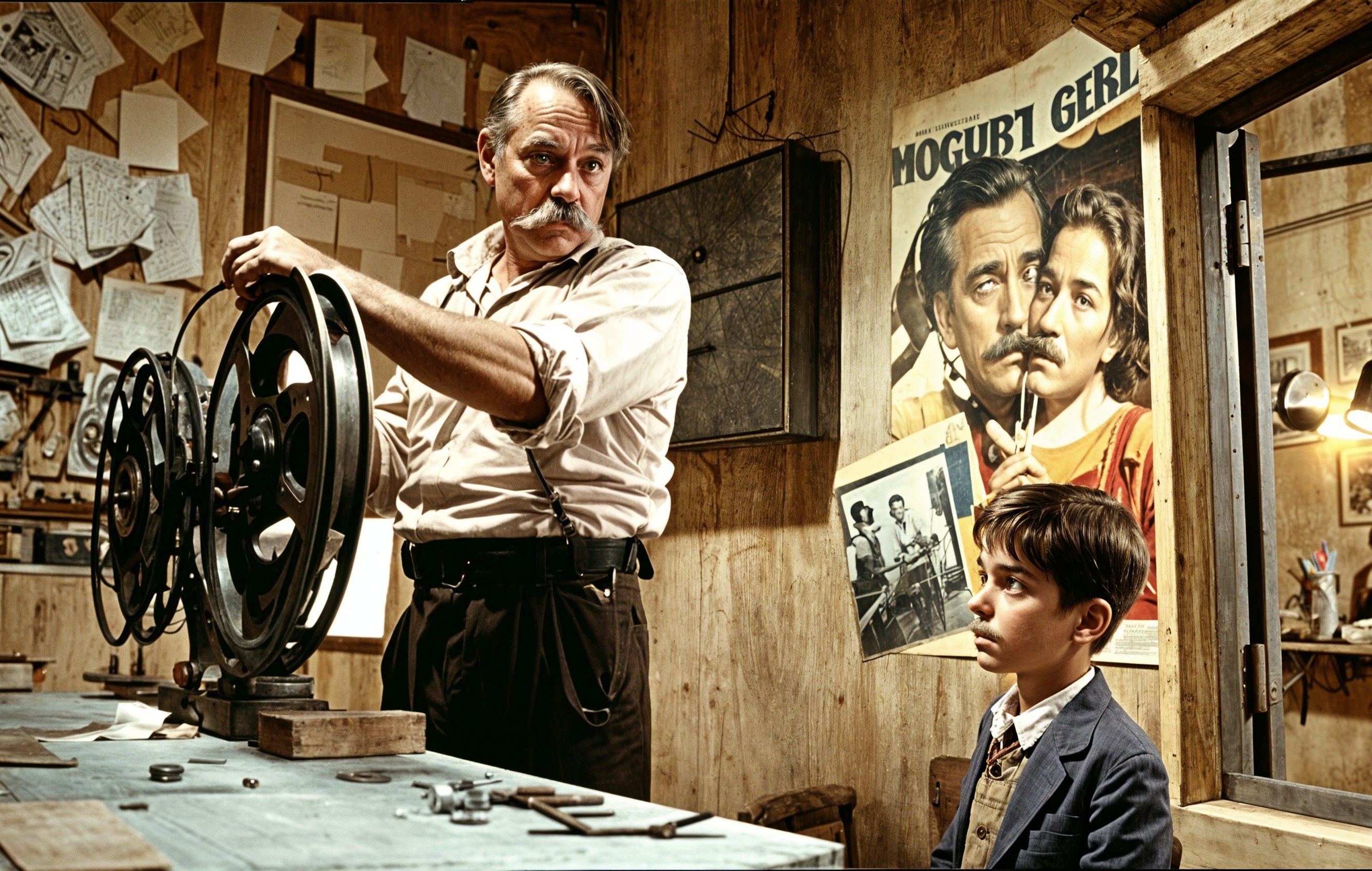 Vintage Workshop Scene with Film Reel and Mentorship