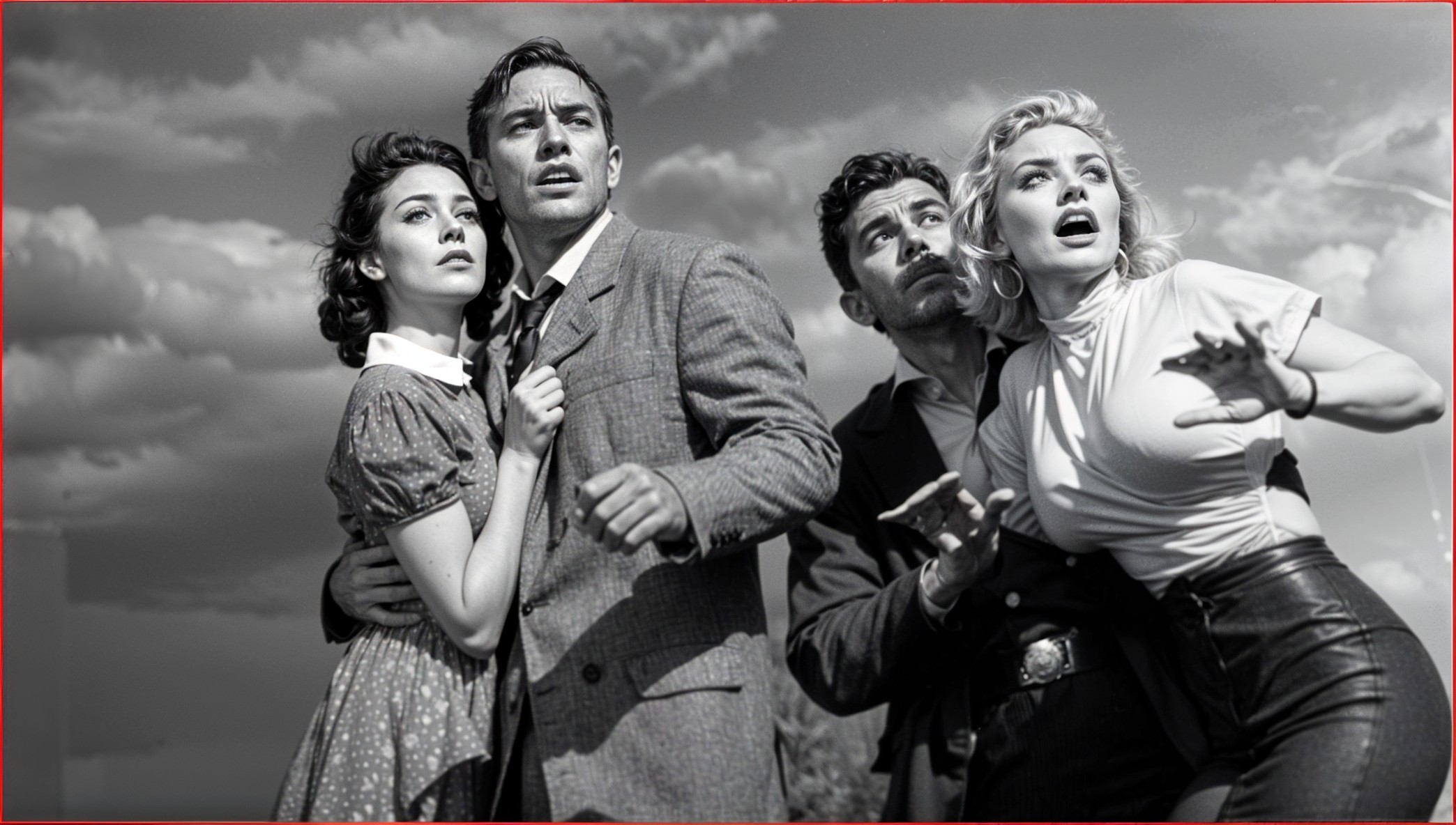 Tense Black-and-White Scene with Four Individuals