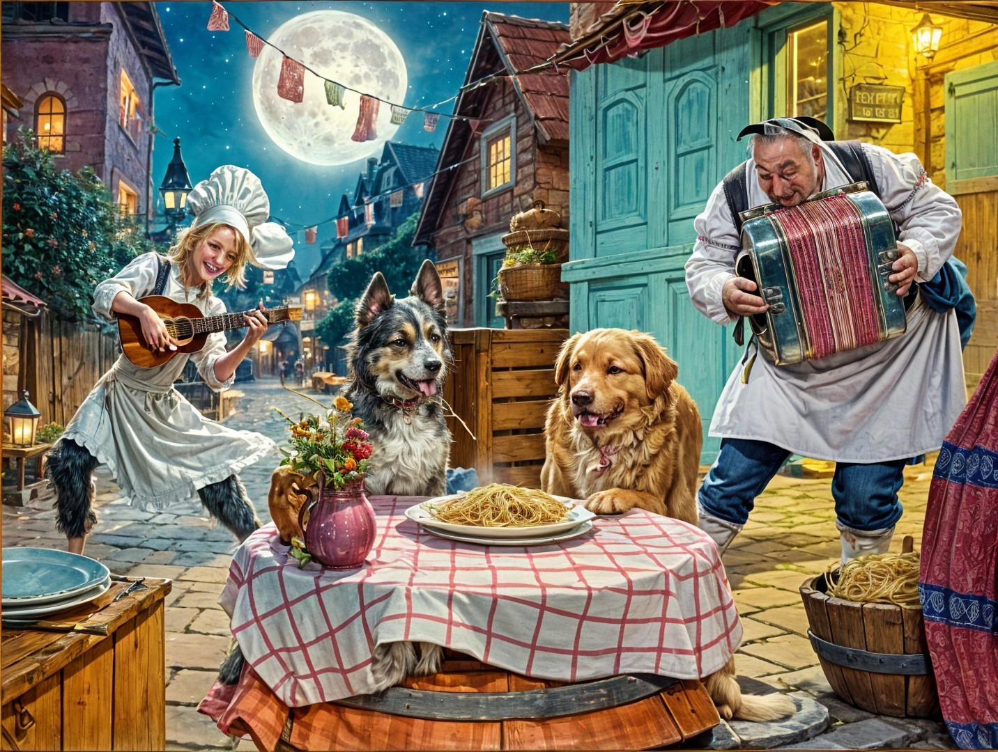 Cheerful Chef and Musician in Whimsical Night Scene