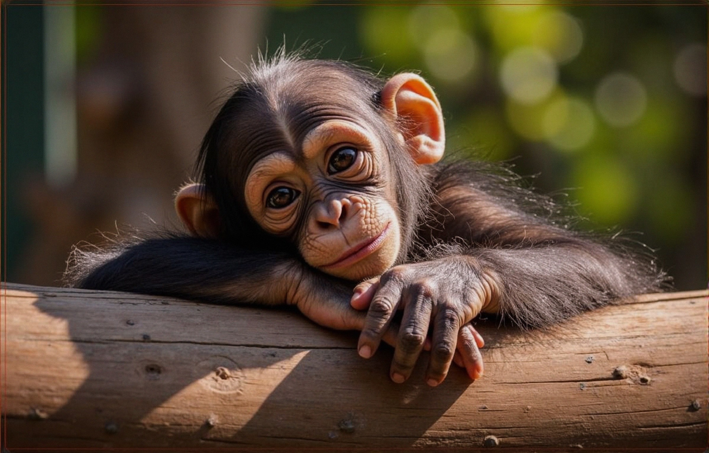 Young chimpanzee resting on a wooden log in nature