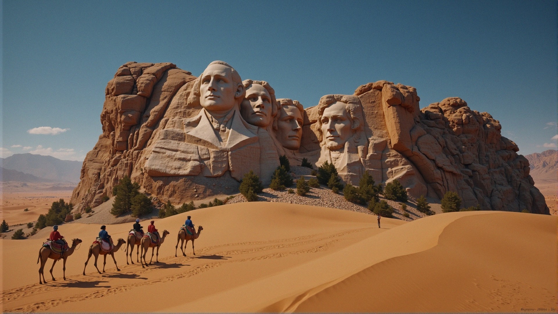 Desert Landscape with Monumental Rock Faces and Camels