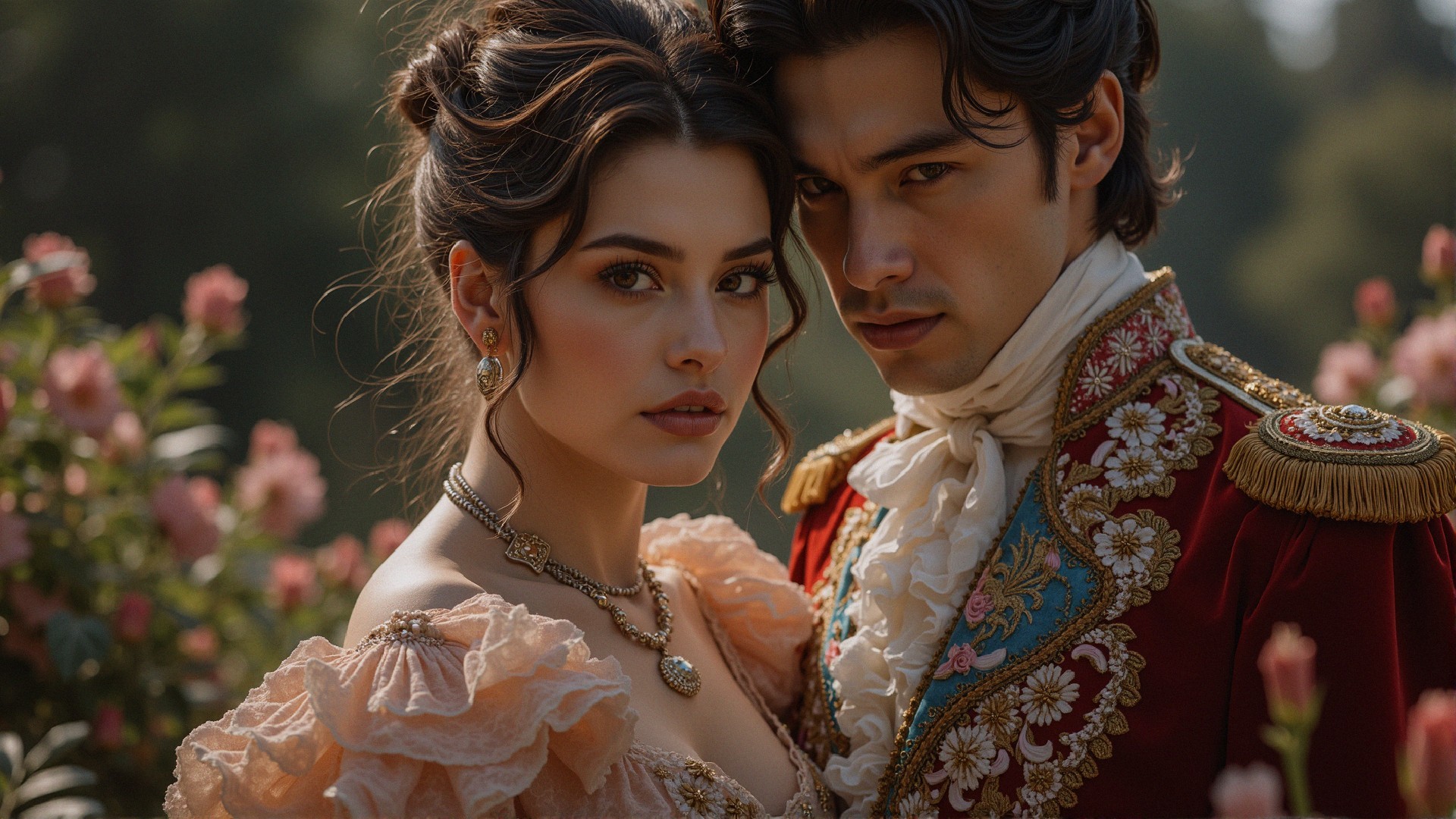Couple in Elegant Attire Surrounded by Blooming Roses