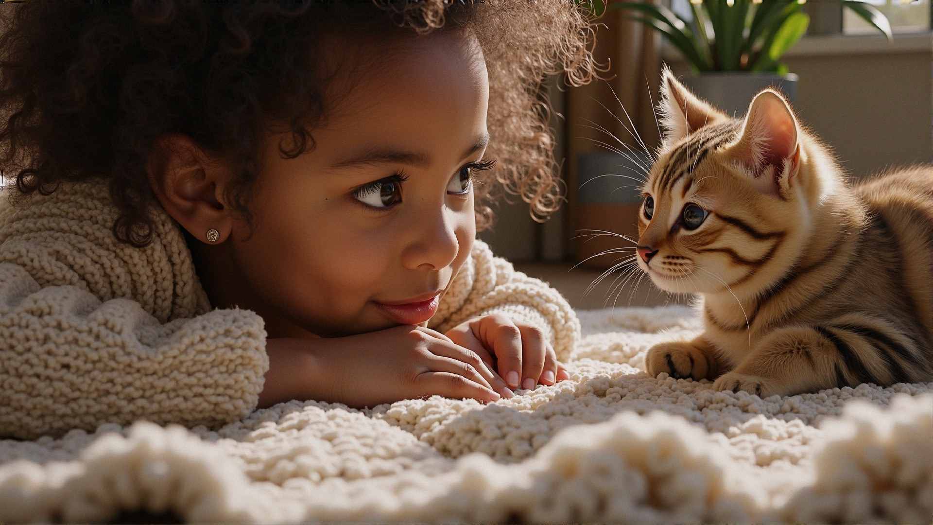 Young girl and kitten share a tender moment indoors