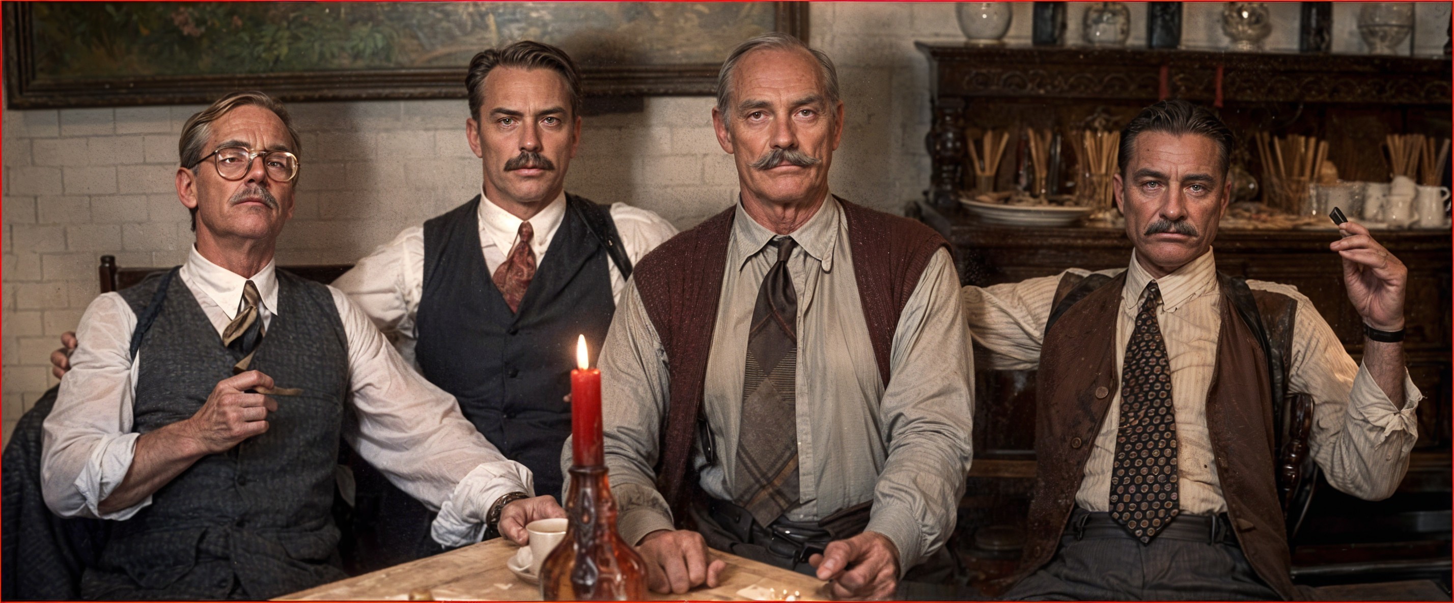 Men in Vintage Attire at Rustic Wooden Table