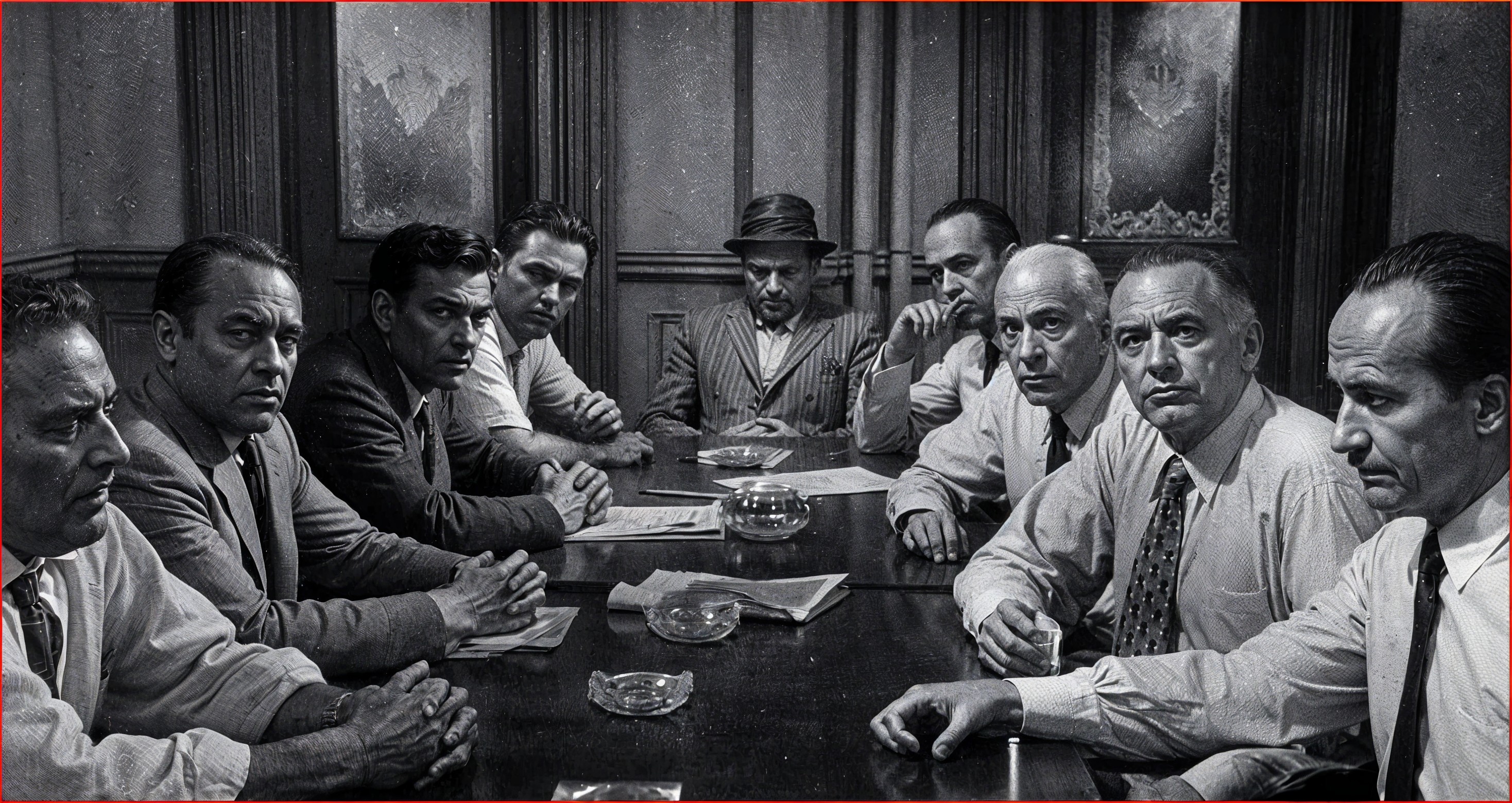 Men in a dimly lit room discussing serious matters