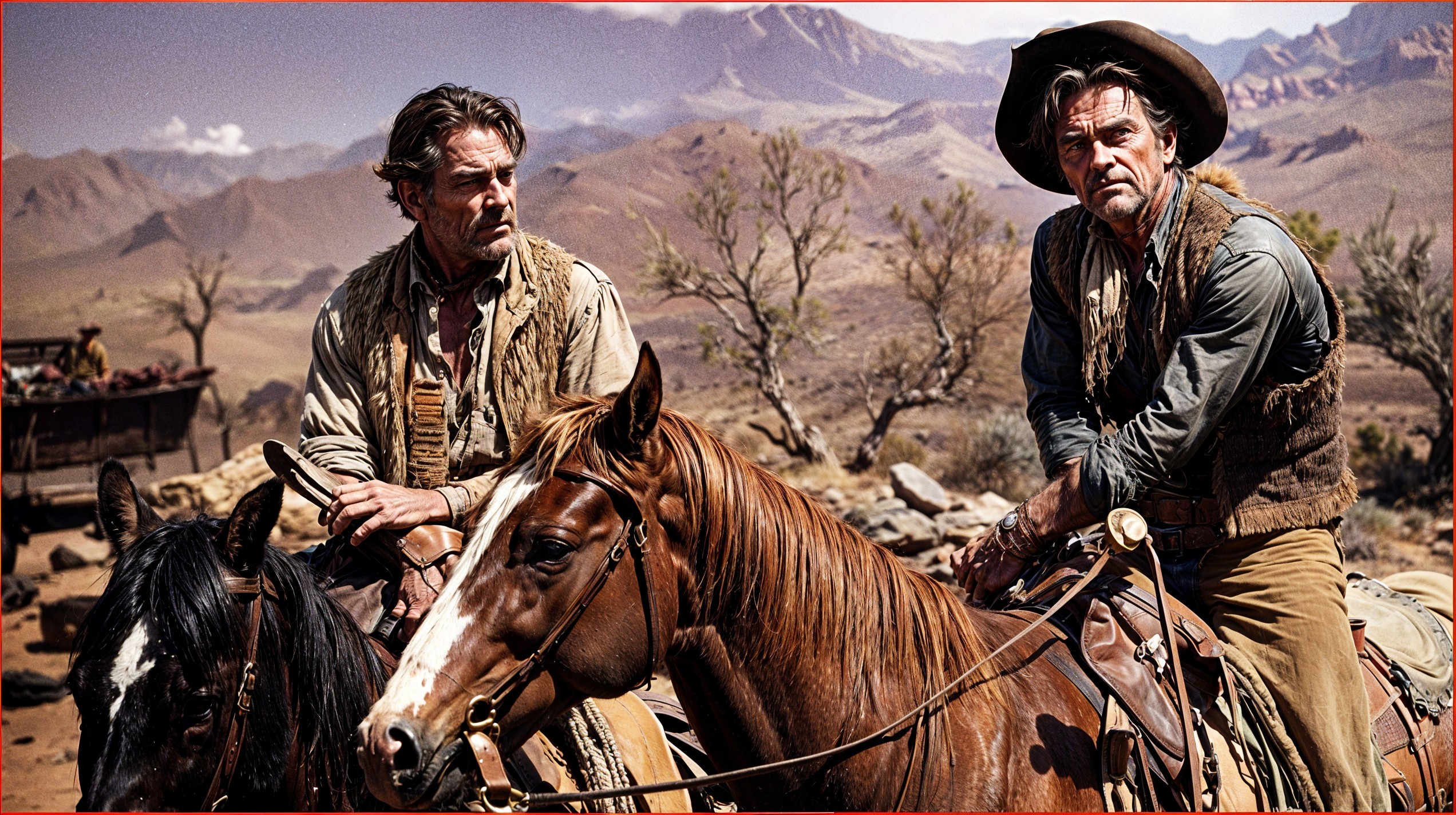 Cowboys on Horseback in Desert Landscape at Sunset