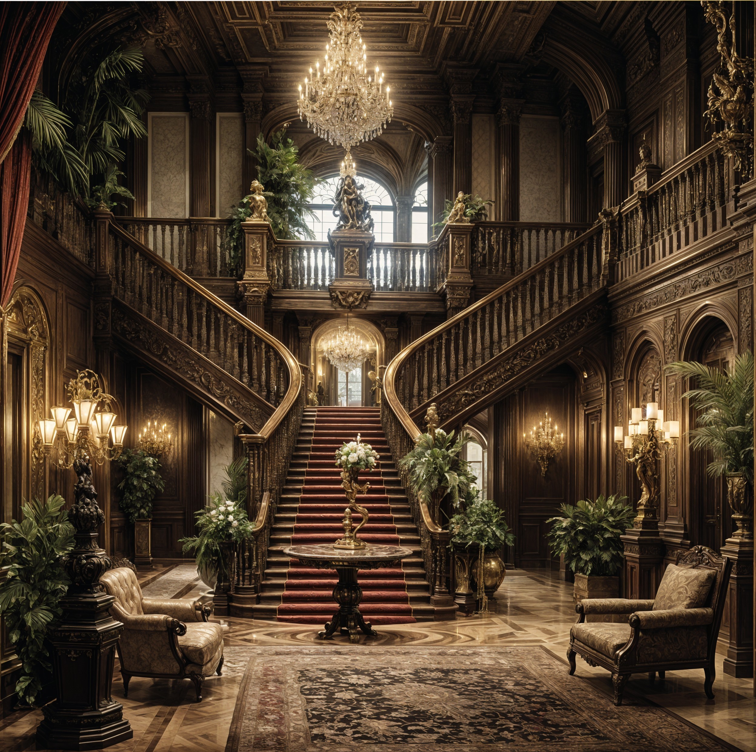 Opulent Entrance Hall with Grand Staircase and Chandeliers