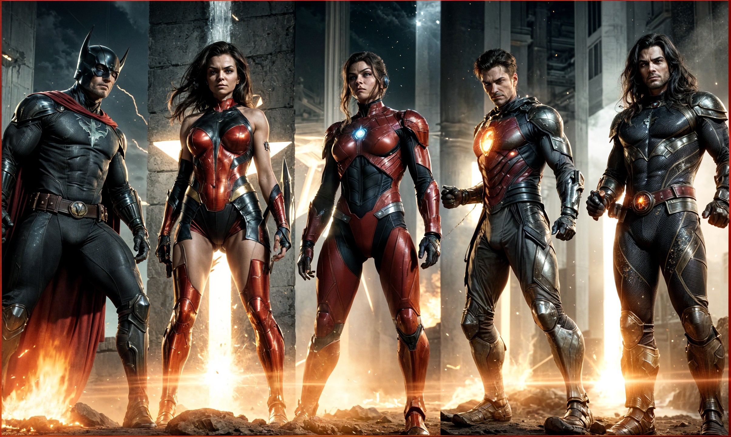 Superheroes in Futuristic Setting with Dramatic Lighting