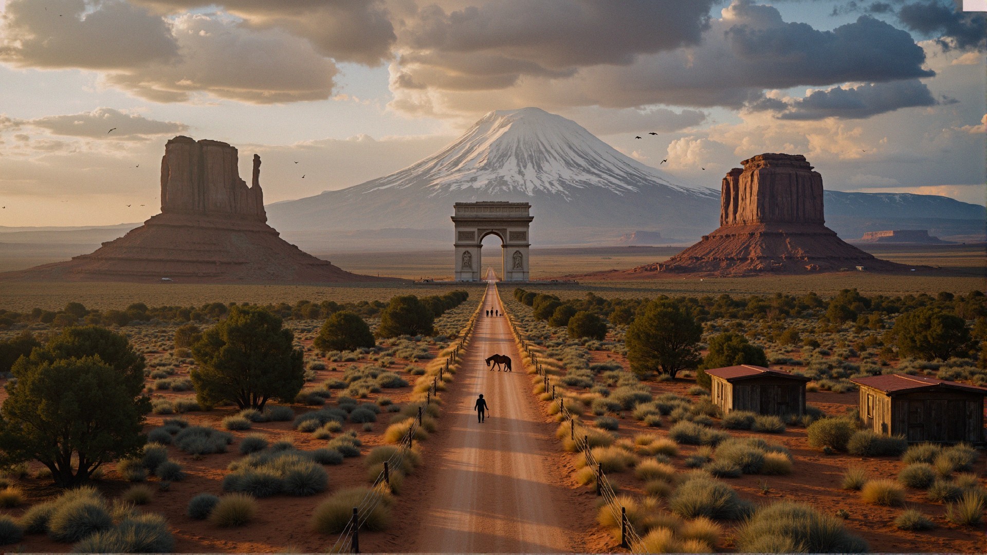 Landscape with Dirt Road and Monument Under Volcano