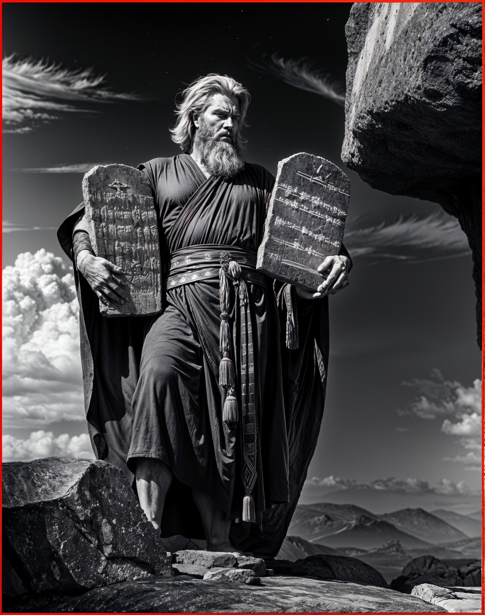 Figure with Stone Tablets in Dramatic Landscape