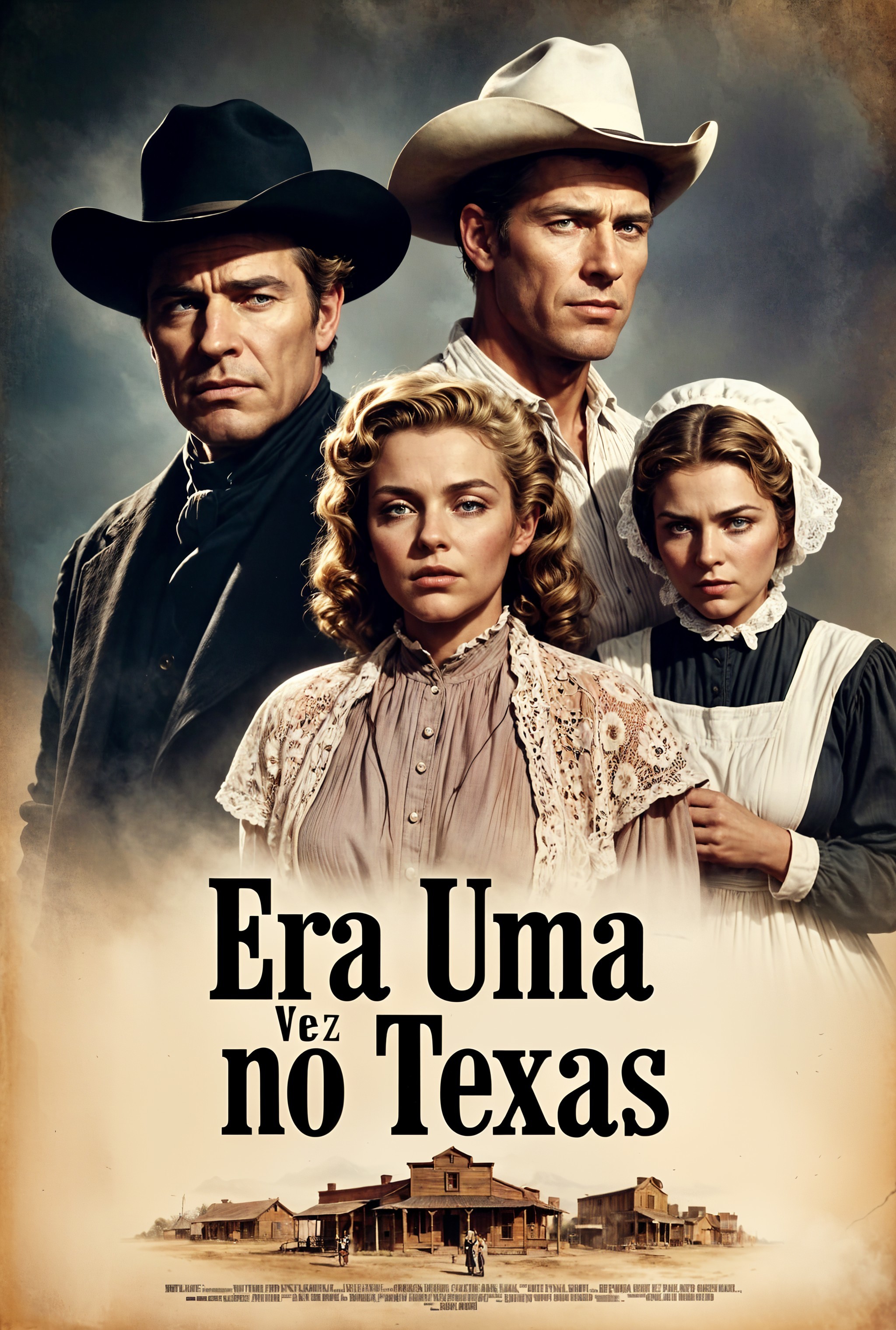 Western Film Poster Featuring Four Characters in Period Attire