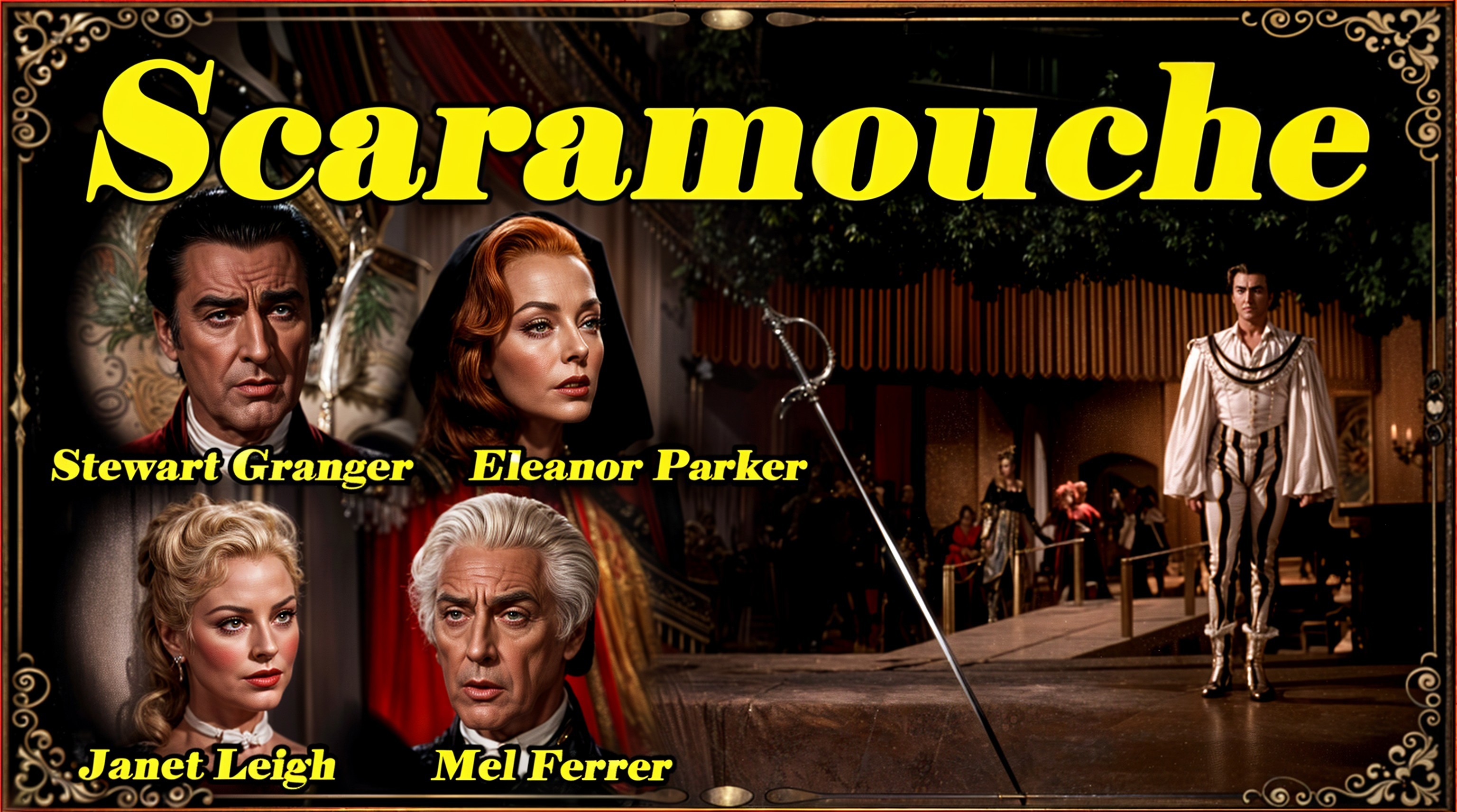 Theatrical Scene with Vibrant Stage Design and Cast Portraits