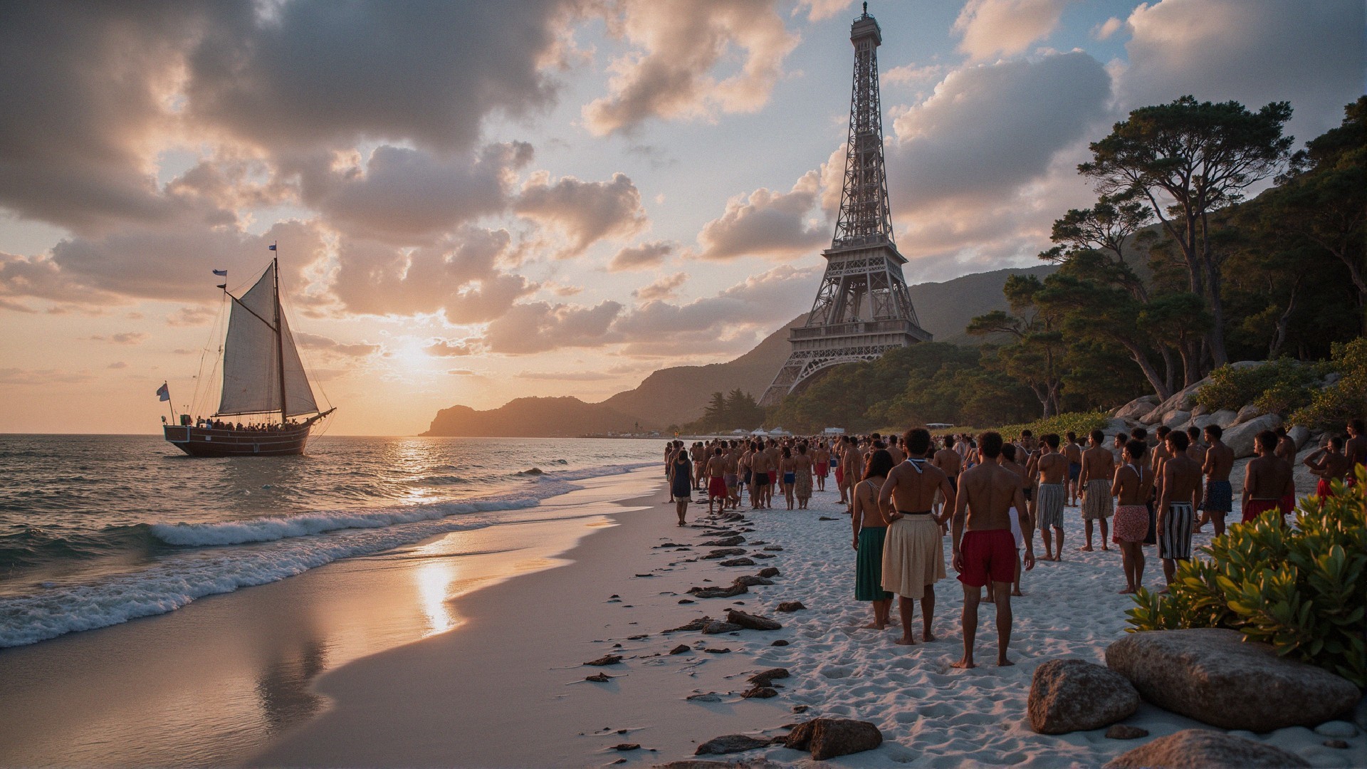 Sunset Beach Scene with Sailboat and Eiffel Tower