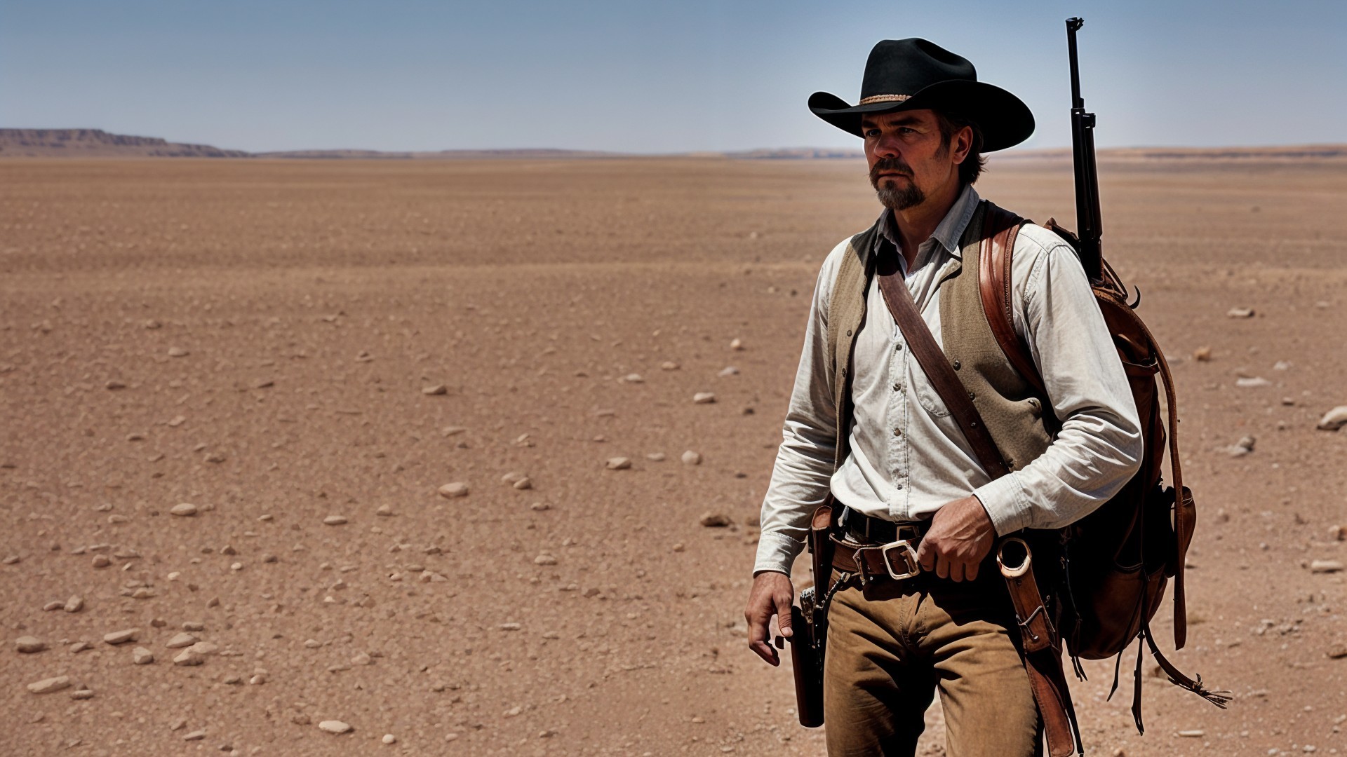 Lone Cowboy in Arid Landscape with Rifle