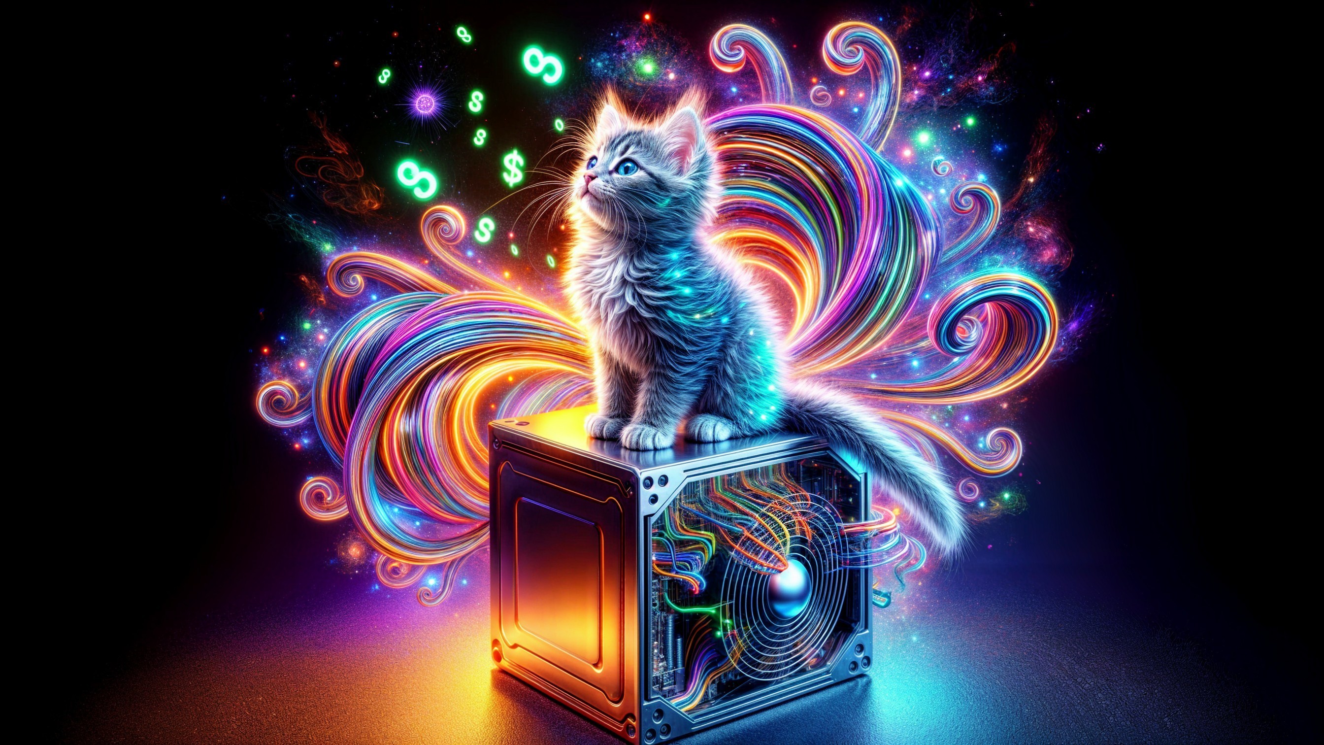 Digital Illustration of Cat on Glowing Futuristic Cube