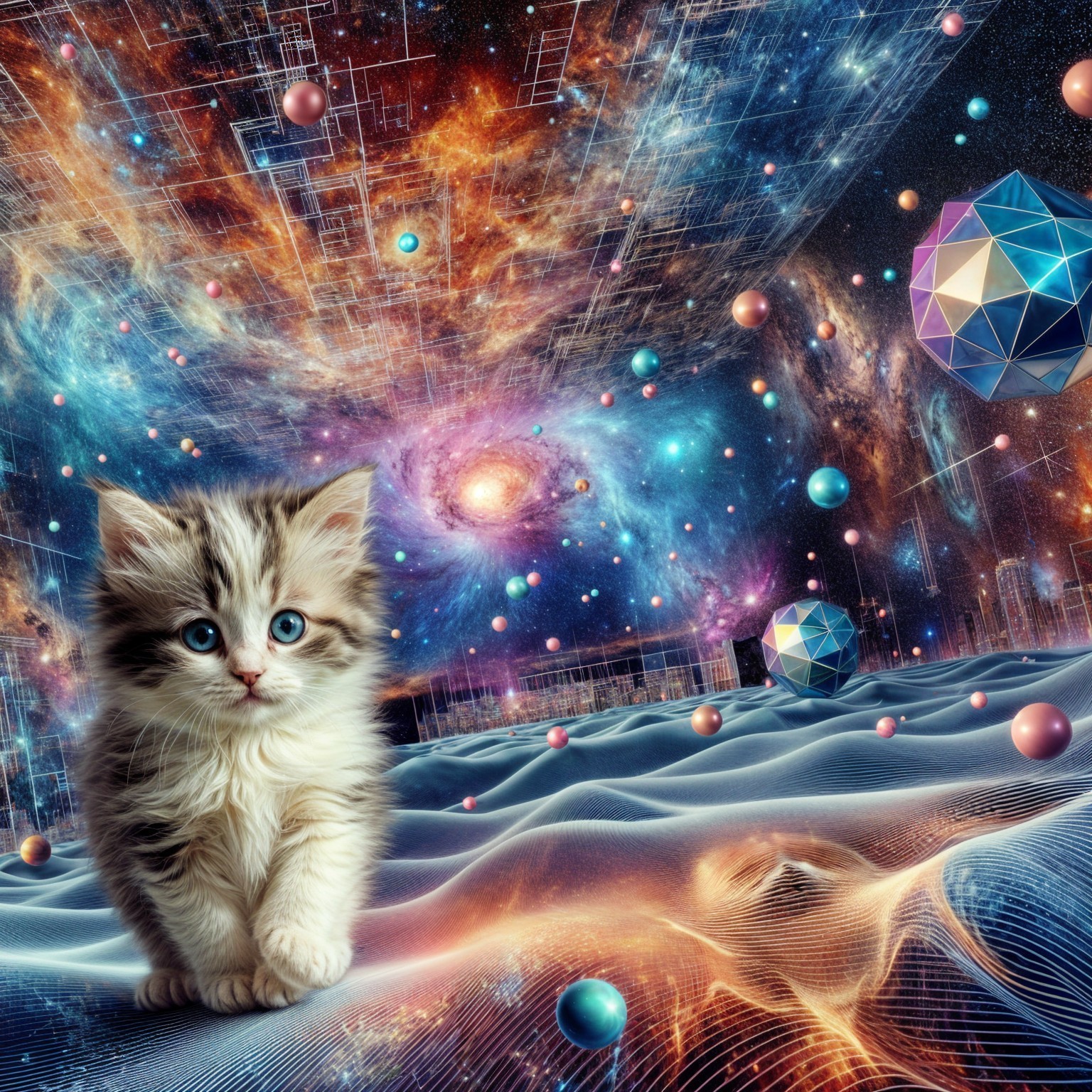 Adorable kitten with blue eyes in cosmic backdrop
