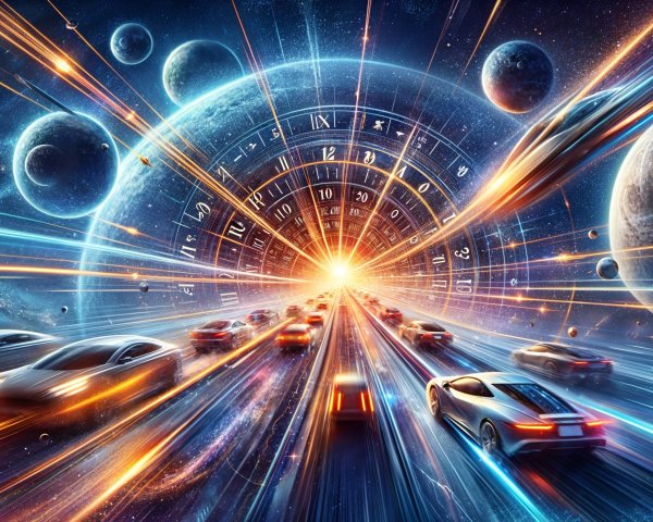 Futuristic highway with cars and cosmic backdrop