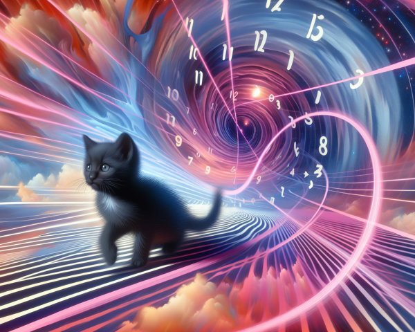 Surreal Landscape with Kitten and Cosmic Elements