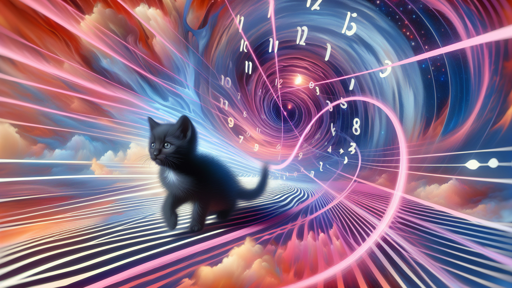 Surreal Landscape with Kitten and Cosmic Elements