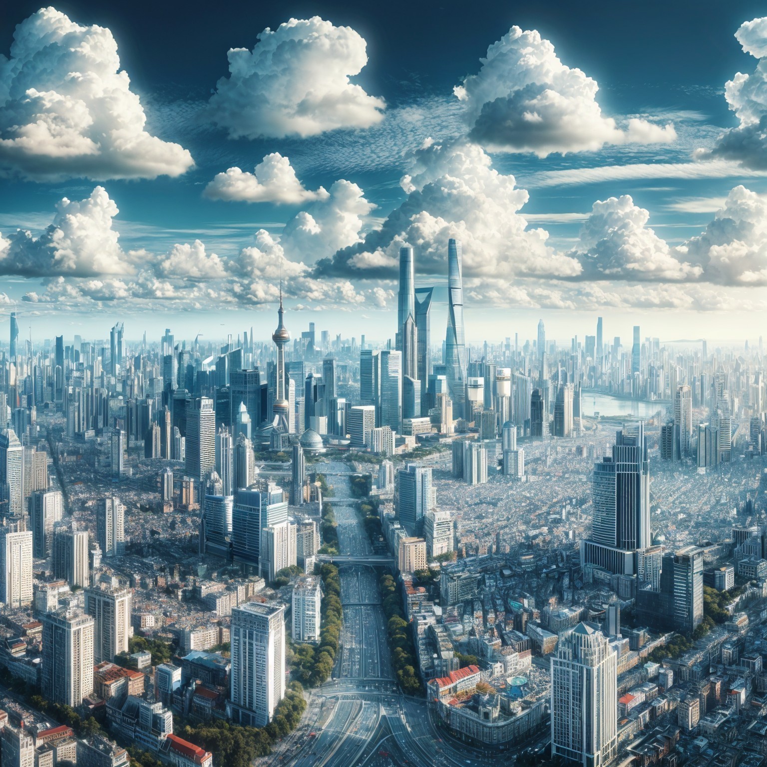 Aerial View of Urban Landscape with Skyscrapers and River
