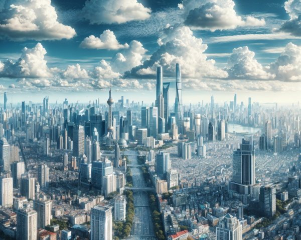 Aerial View of Urban Landscape with Skyscrapers and River