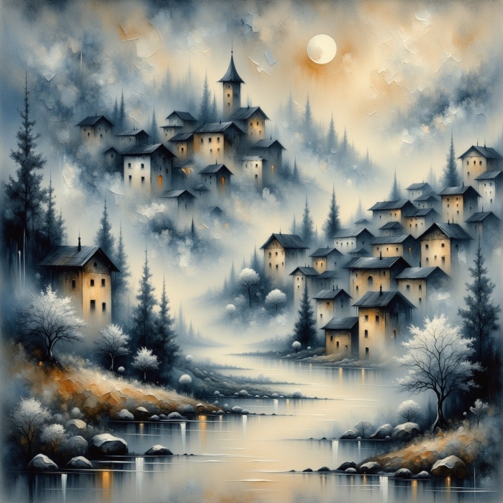 Misty Village Landscape with Rolling Hills and River