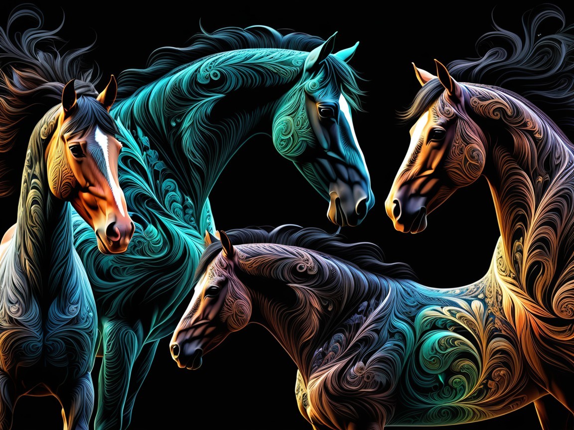 Intricate Illustration of Four Colorful Horses
