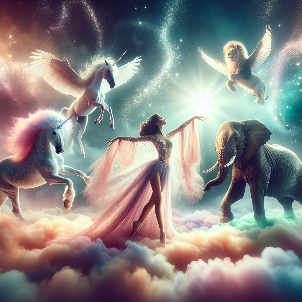 Dreamy Landscape with Magical Creatures and Ethereal Figure