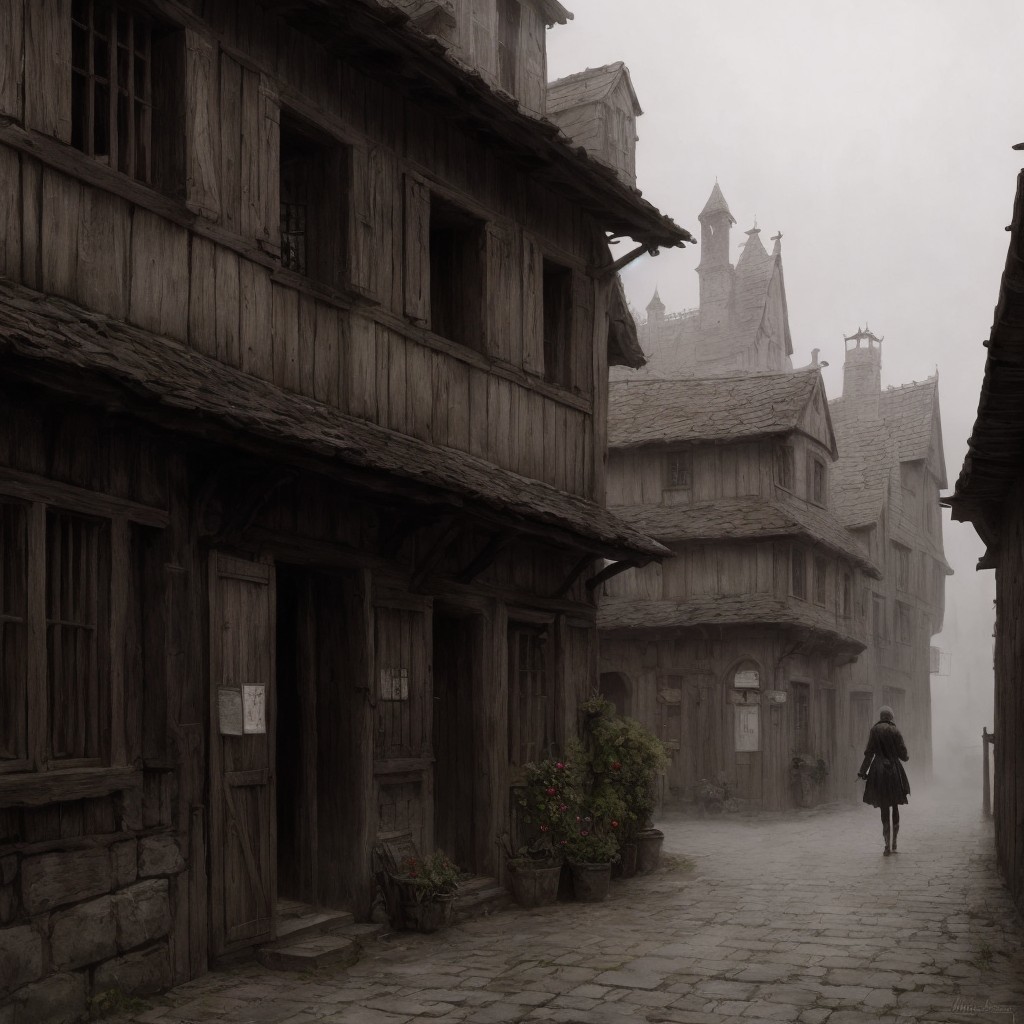 Misty Medieval Village Street Scene with Fog and Plants