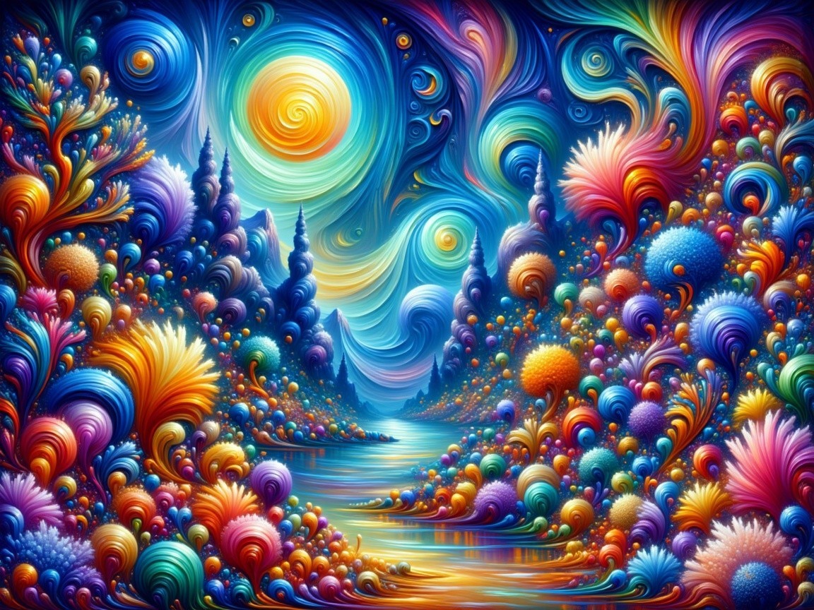 Vibrant Abstract Landscape with Swirling Colors and Forms