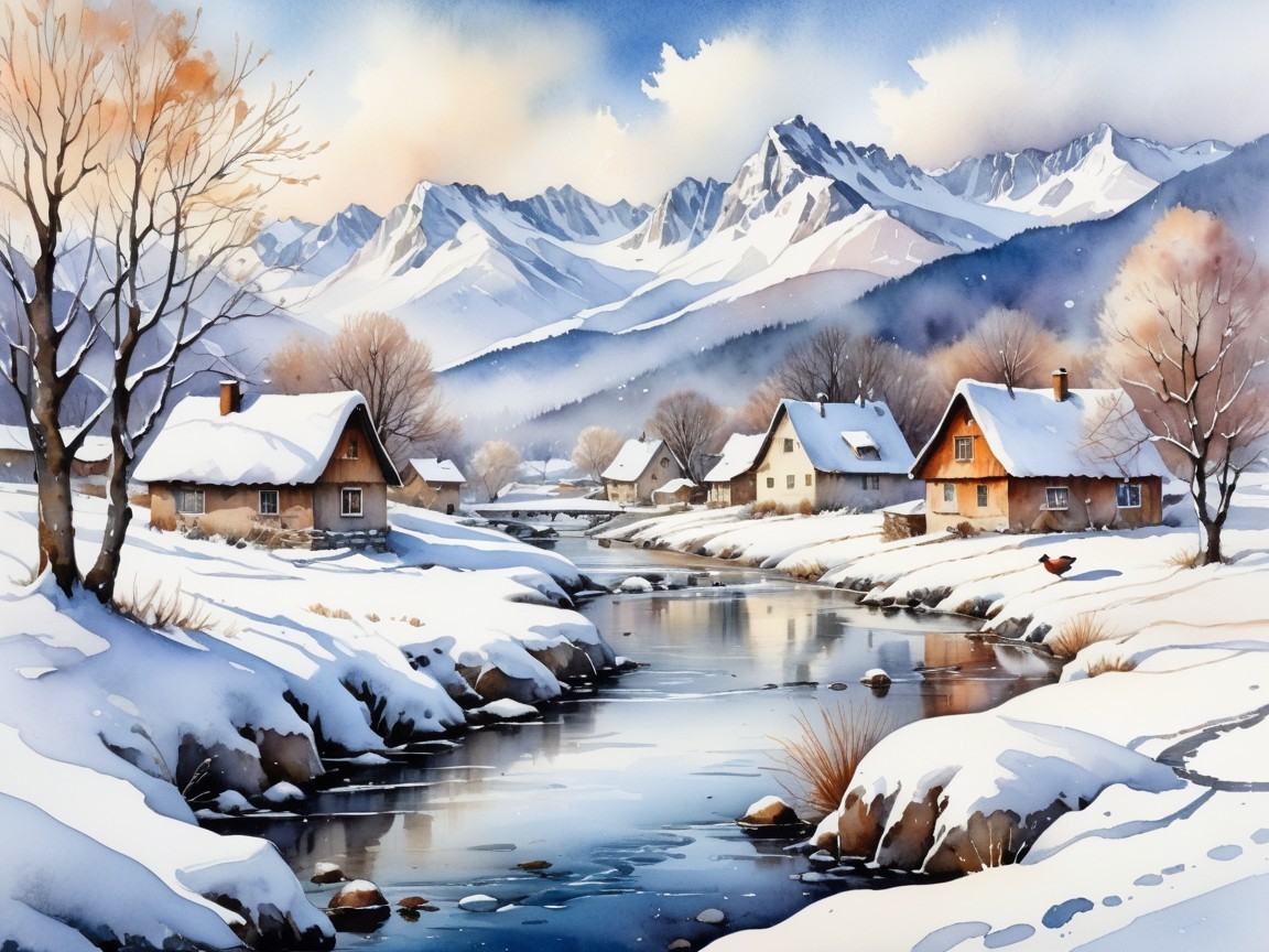 Serene Winter Landscape with Cottages and Mountains