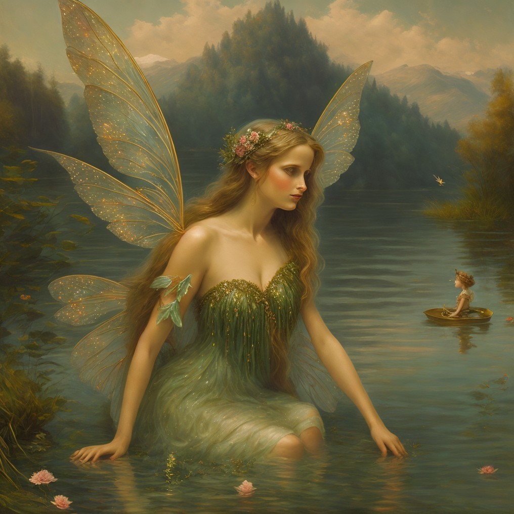 Fairy in a Tranquil Lake Surrounded by Nature