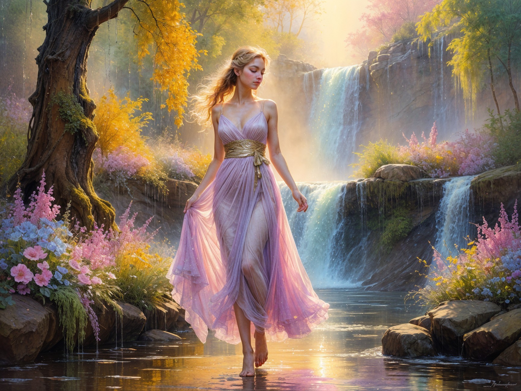 Enchanting Forest Scene with Waterfalls and Flowers