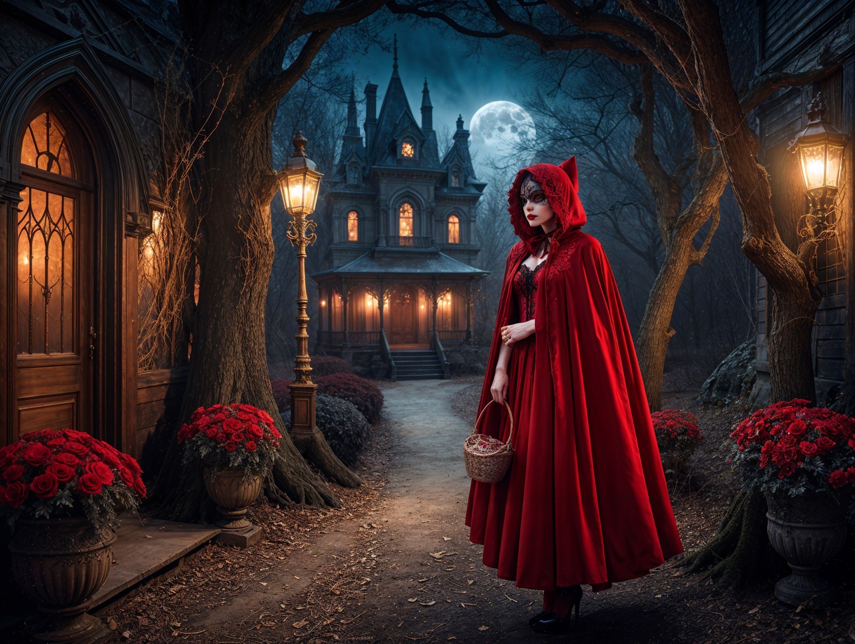Woman in red cloak on moonlit path with eerie trees