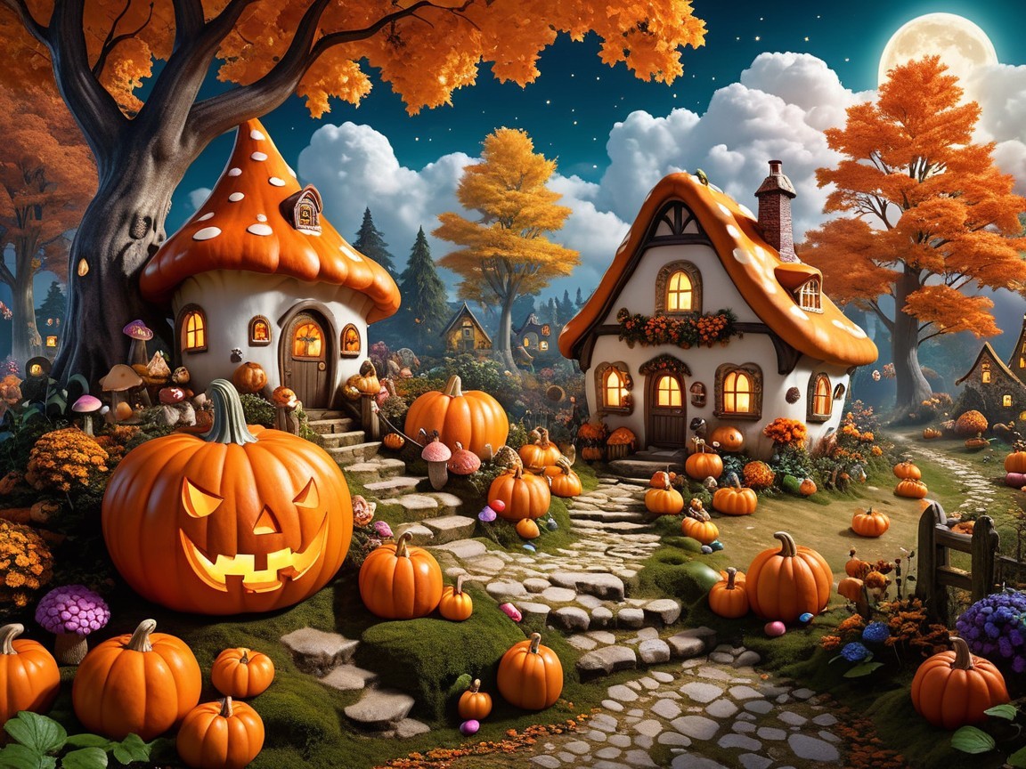 Whimsical Autumn Scene with Charming Cottages and Foliage