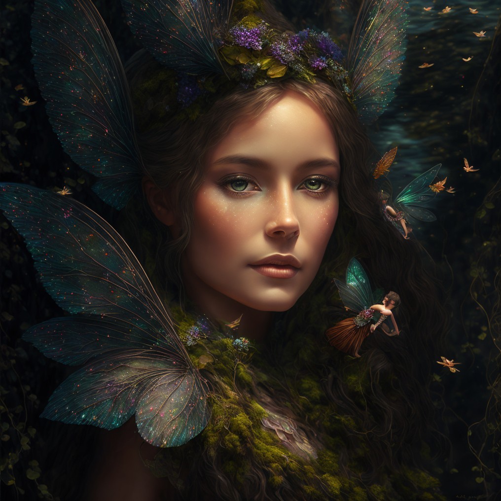 Mystical Portrait of a Young Woman with Butterflies