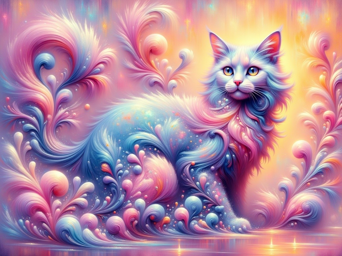 Colorful Illustration of a Fluffy Cat with Patterns
